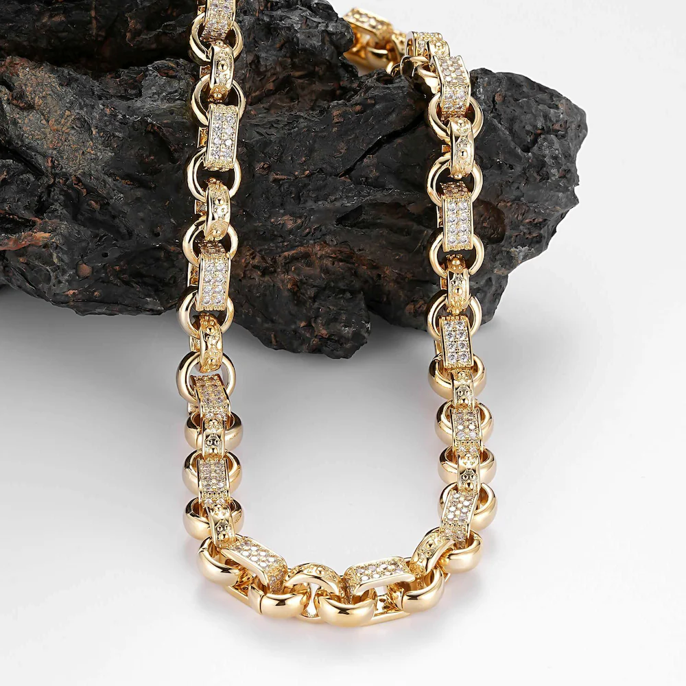 Premium Gold 10mm Gypsy Link with Stones Belcher Chain with Albert Clasp - Image 2