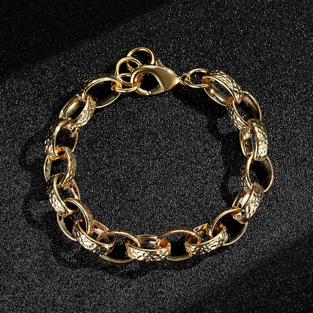10mm Gold Hammered Oval Belcher Bracelet - Adjustable 8 Inch