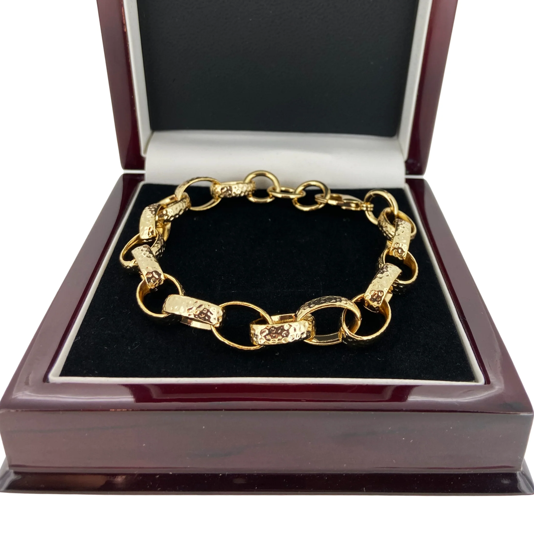 10mm Gold Oval Belcher Hammered Pattern Bracelet - Image 7