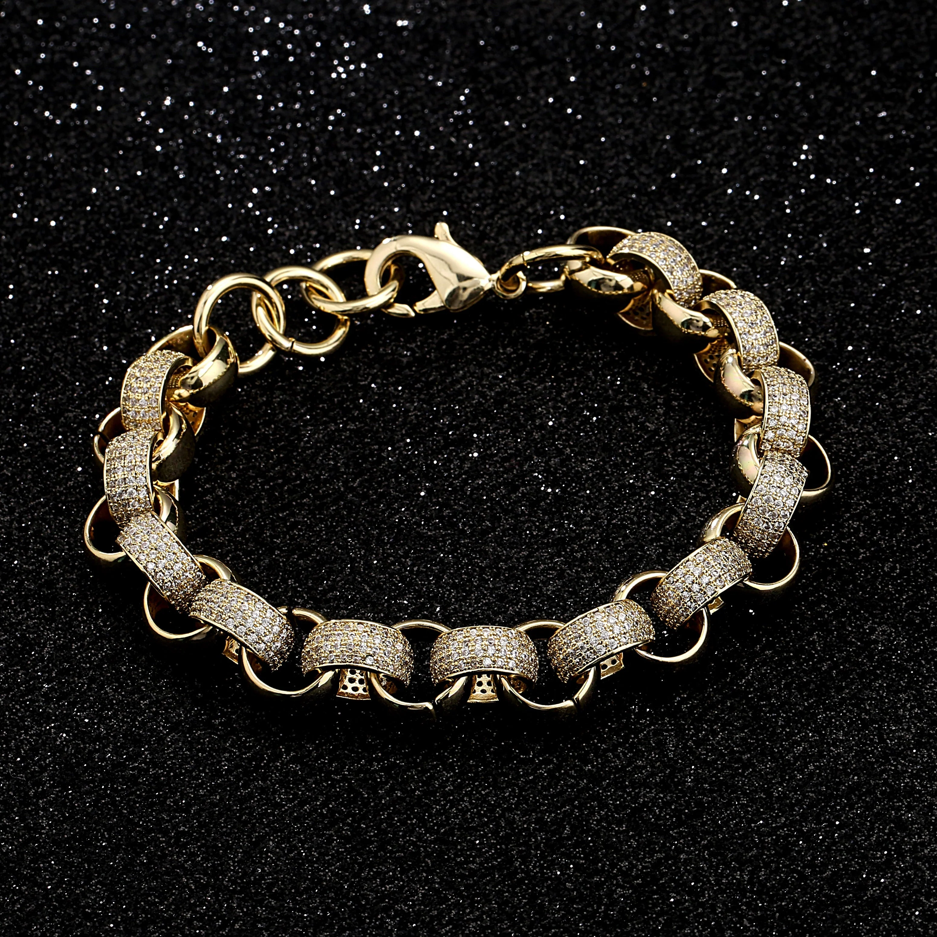New 12mm GoldPattern Belcher Bracelet with Diamond Stones Adjustable 89 Inches