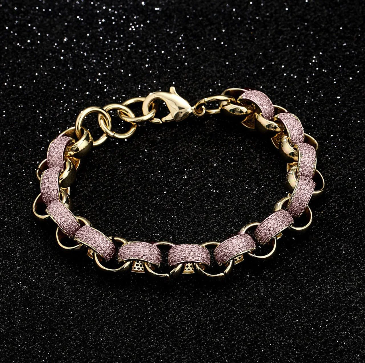 12mm Gold Alternate Pattern Belcher Bracelet with Stones