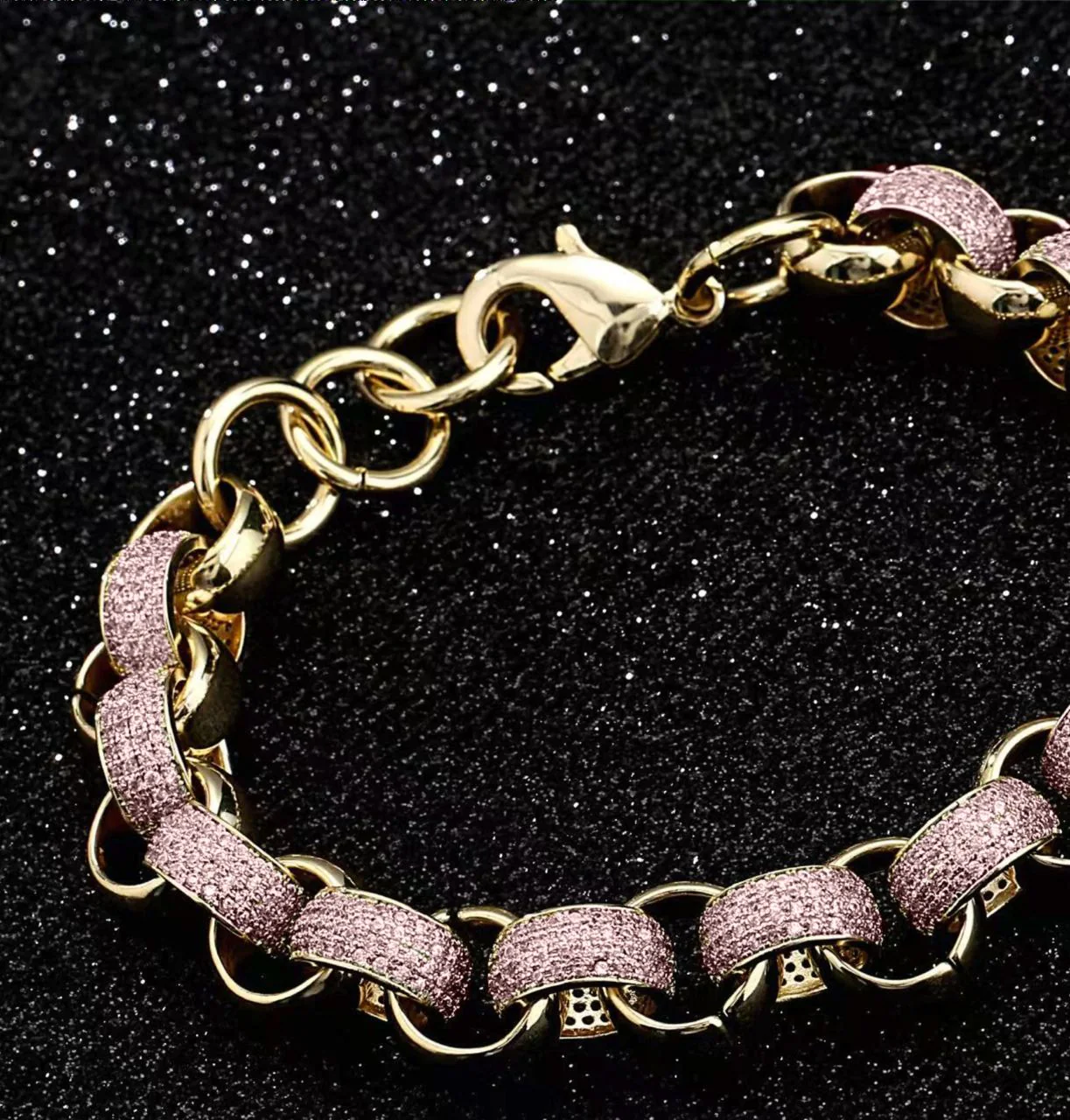 12mm Gold Alternate Pattern Belcher Bracelet with Stones - Image 2