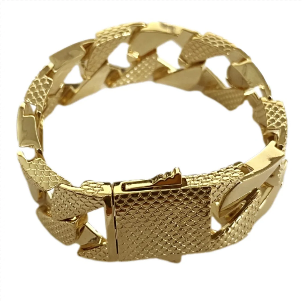 Luxury Gold 22mm Lizard Patterned Chaps Snake Cuban Curb Bracelet - Image 4