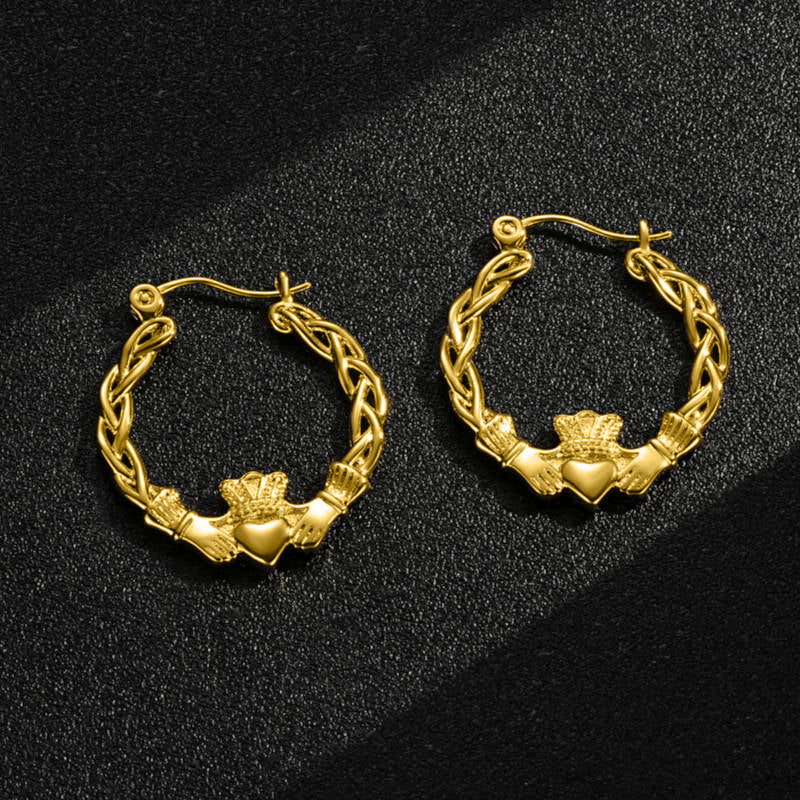 40 mm Light Gold Claddagh Hoop Earrings Lightweight, High Polish, 3.9 g Each