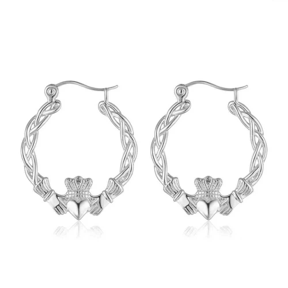 40mm Light Silver Claddagh Hoop Earrings Lightweight, High Polish, 3.9g Each