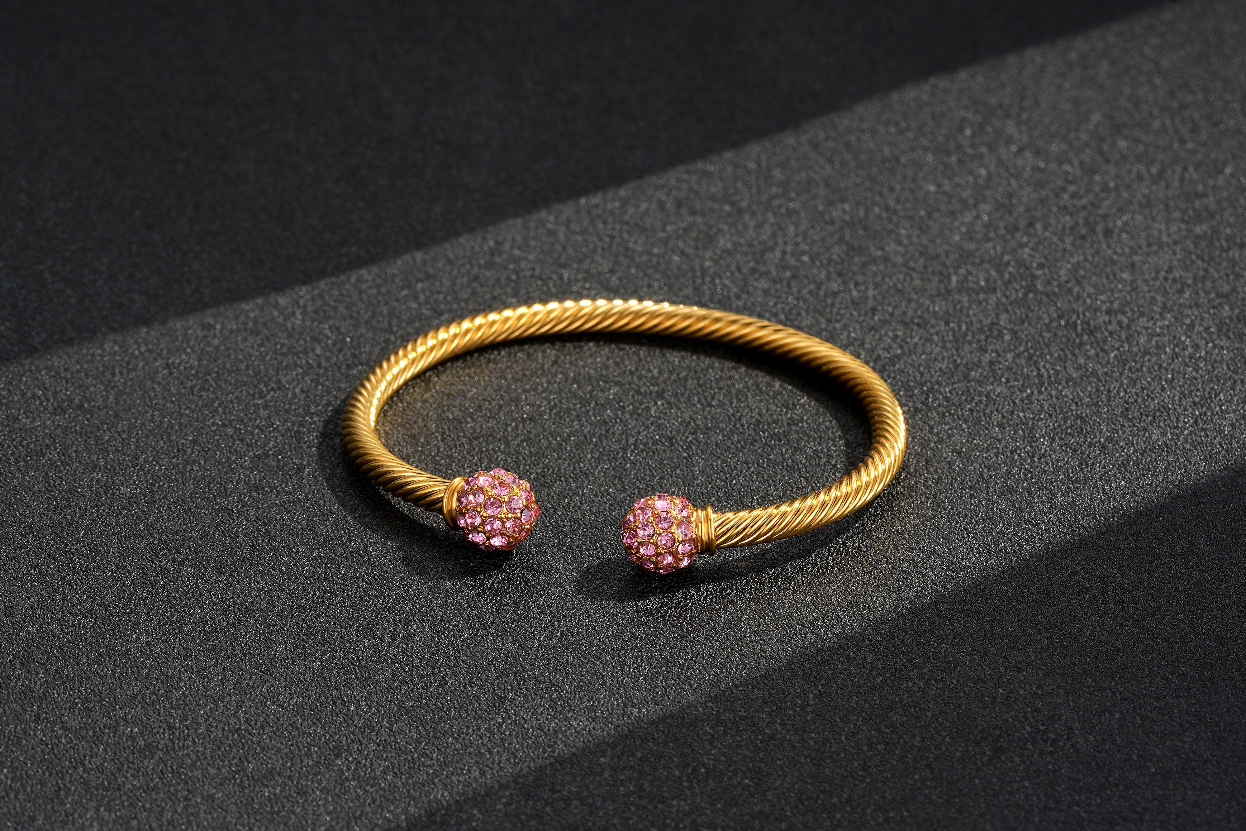 New 4mm Gold Ball Torque Bangle Bracelet with Pink Stones 7.5/8 Inch