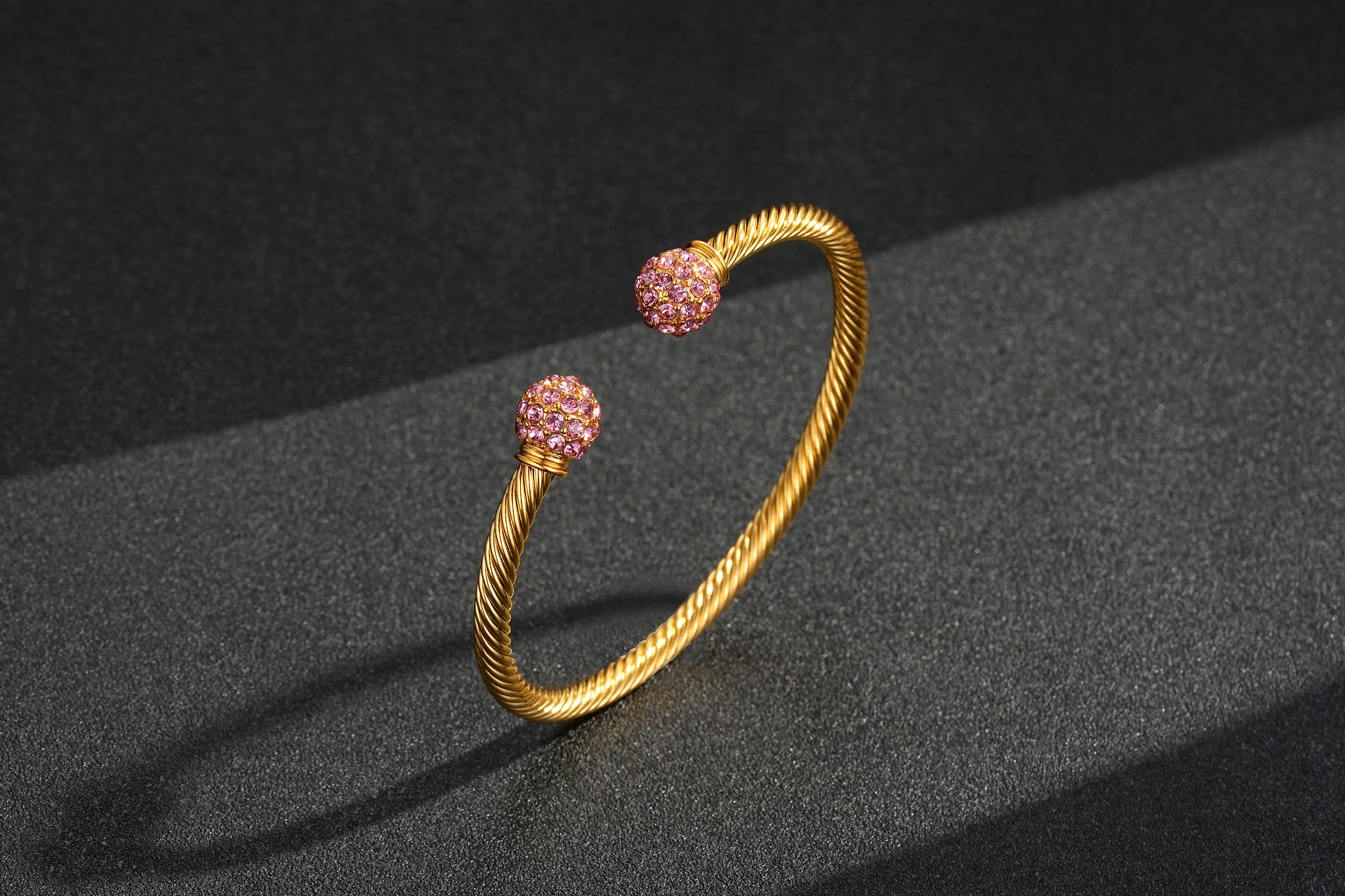 New 4mm Gold Ball Torque Bangle Bracelet with Pink Stones 7.5/8 Inch - Image 2