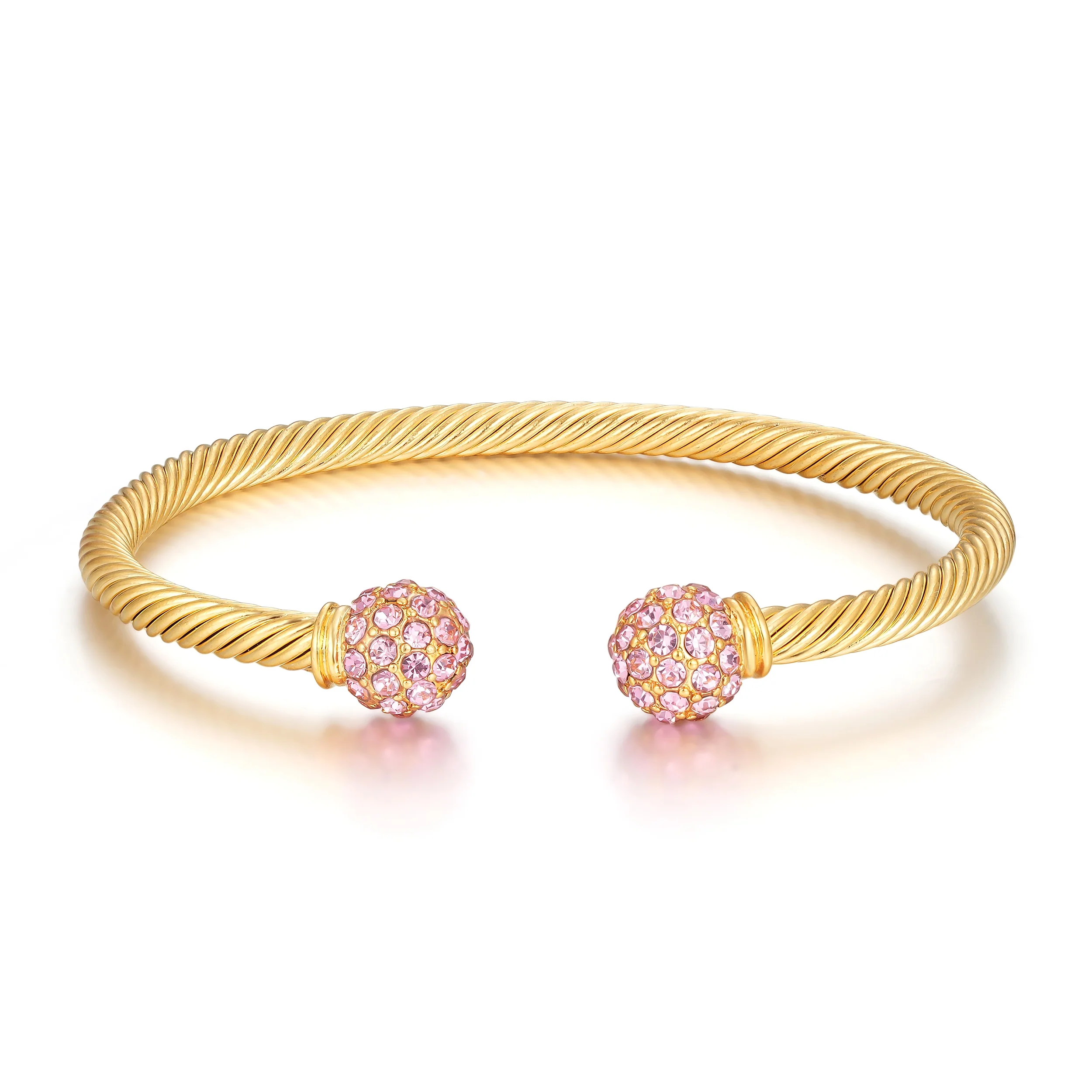 New 4mm Gold Ball Torque Bangle Bracelet with Pink Stones 7.5/8 Inch - Image 3