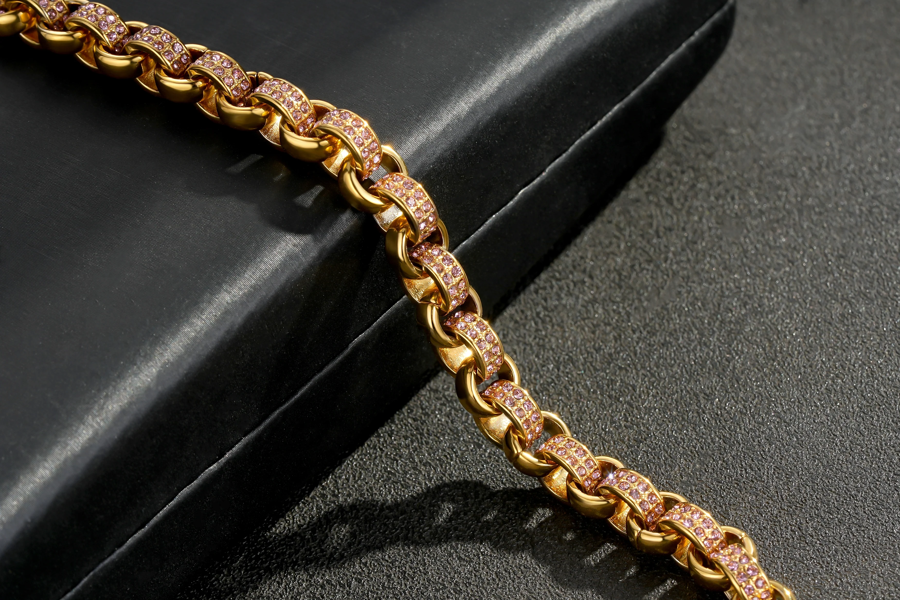 Gold Belcher Bracelet with Pink Stones 8mm - Image 2