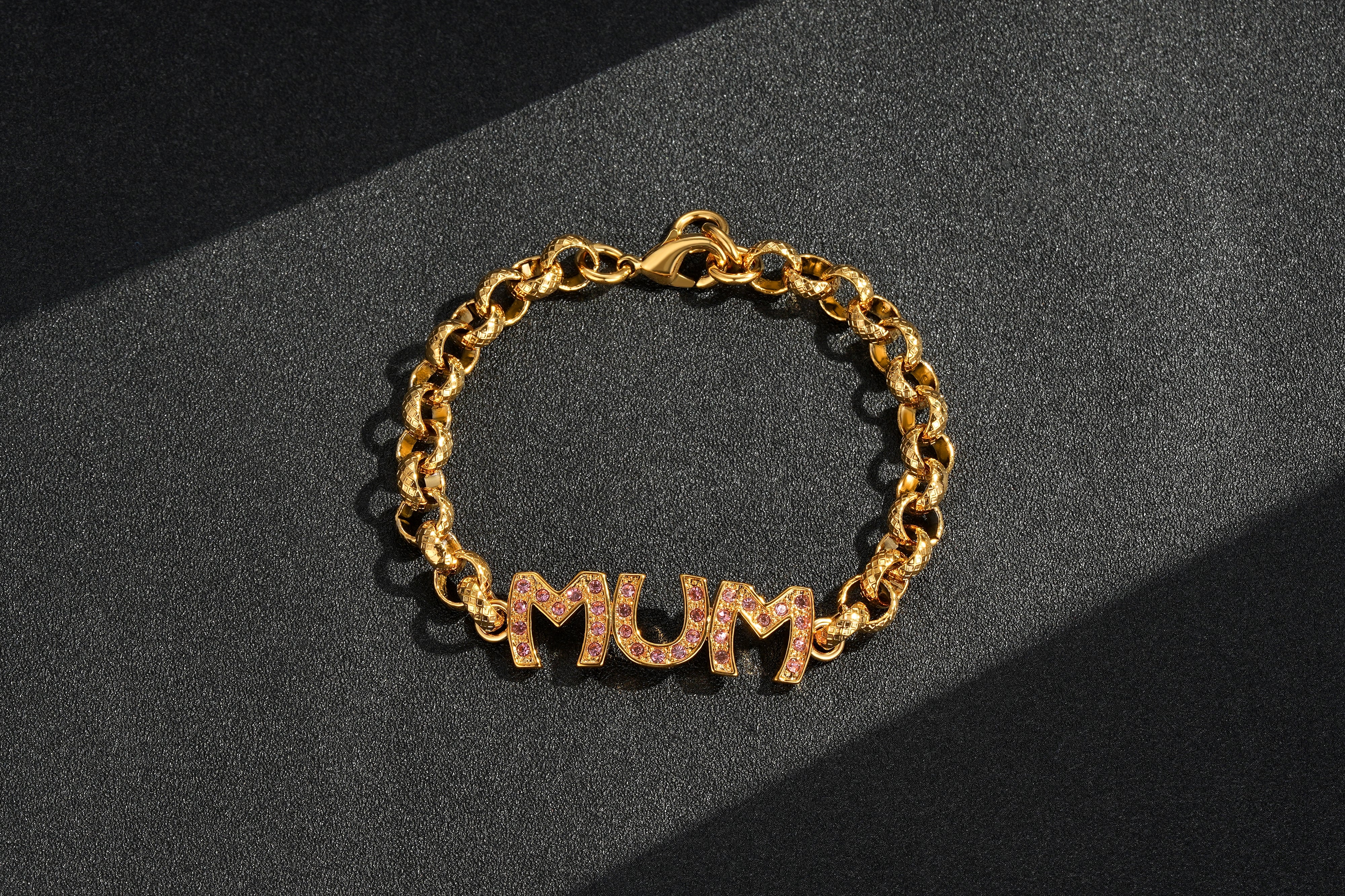Gold Mum Belcher Bracelet with Pink Stones 8mm