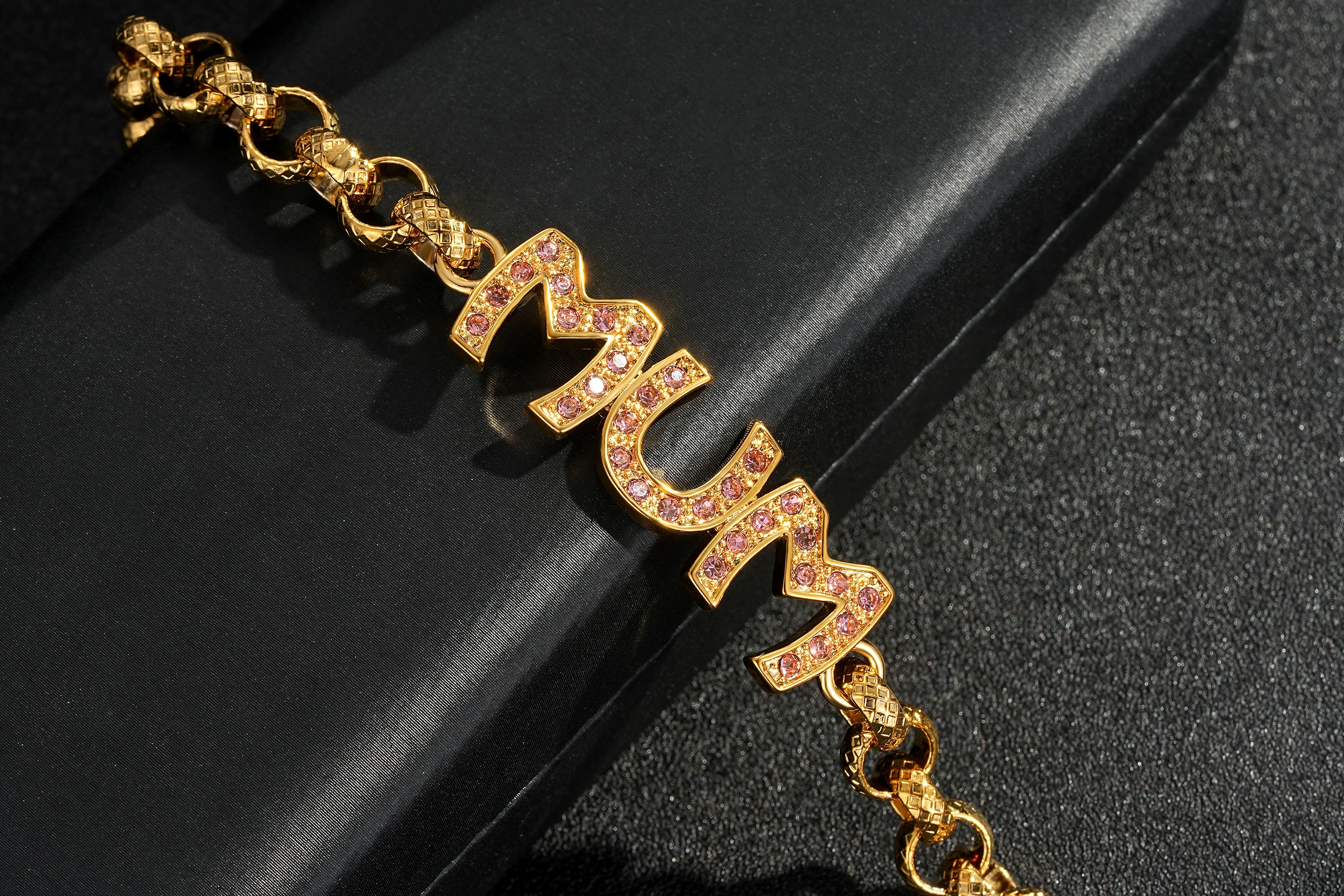Gold Mum Belcher Bracelet with Pink Stones 8mm - Image 2