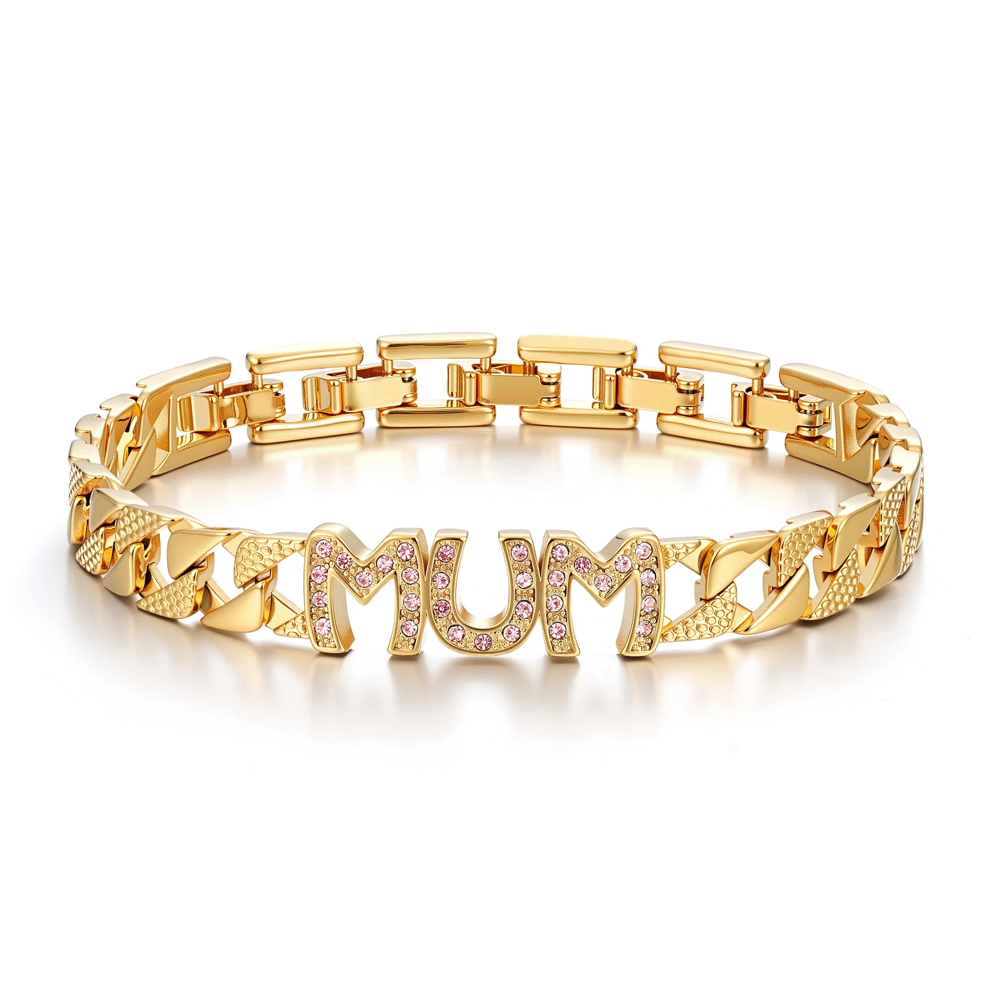 8mm Mum Cuban Bracelet Full Link, Pink Stones Fits 8-Inch Wrist - 22g