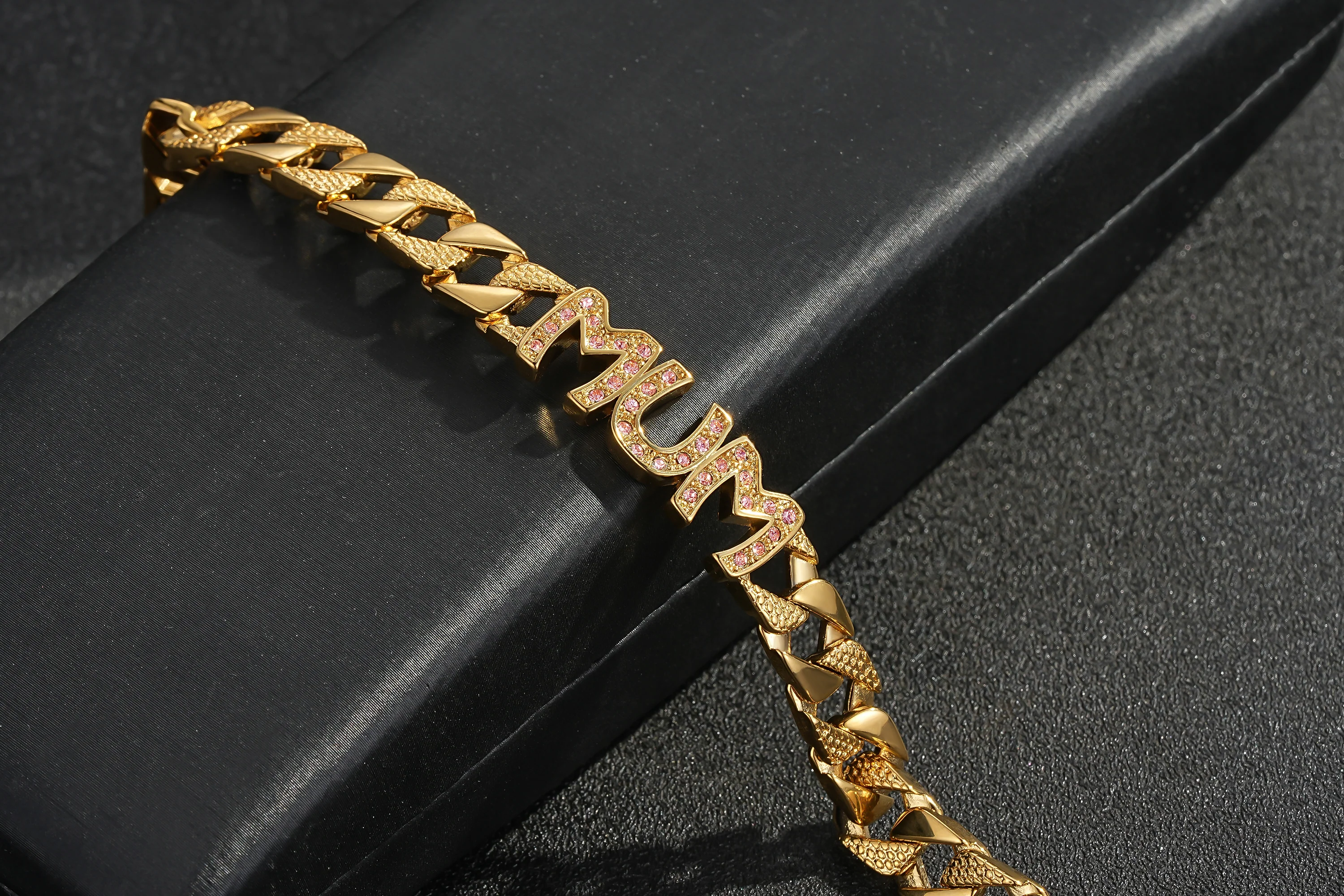 8mm Mum Cuban Bracelet Full Link, Pink Stones Fits 8-Inch Wrist - 22g - Image 2
