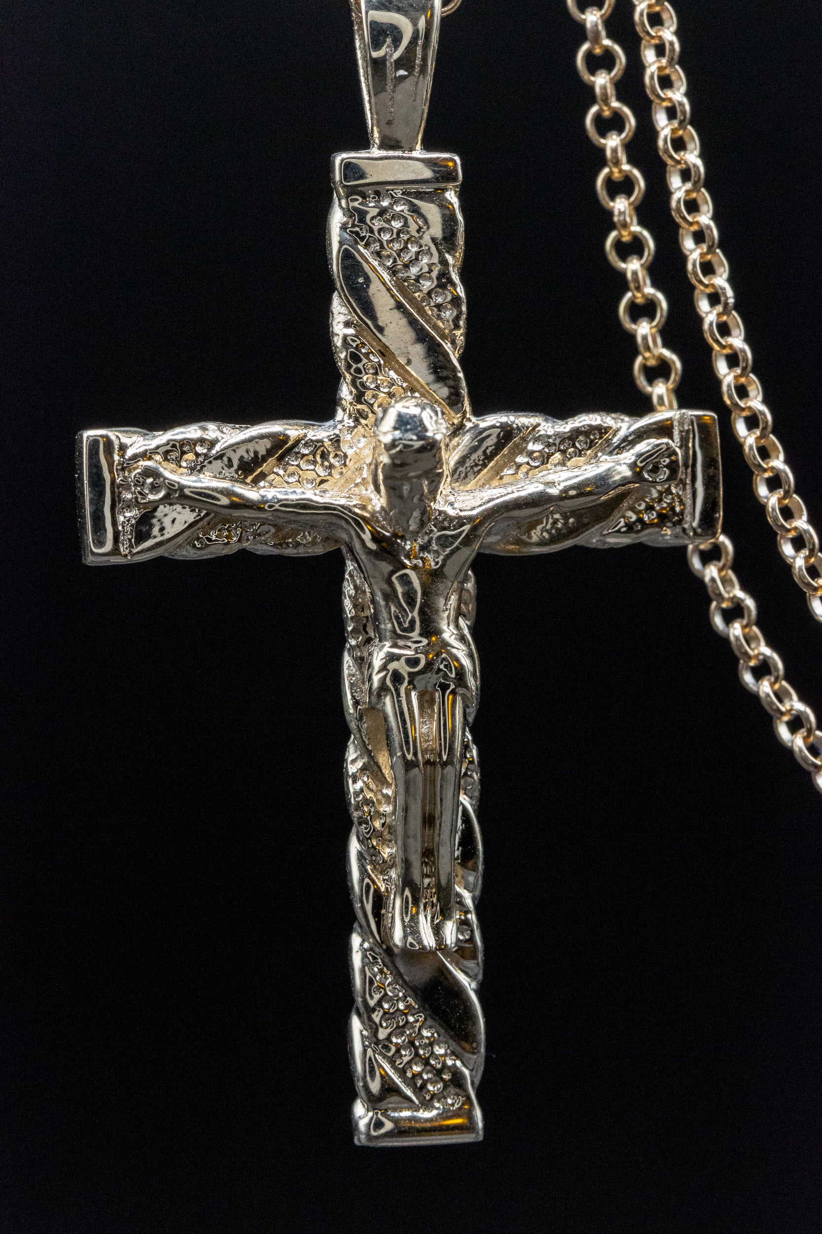Yellow Gold Engraved Crucifix Cross Pendant & Gold Round Belcher Chain (24 Inch) - Image 4