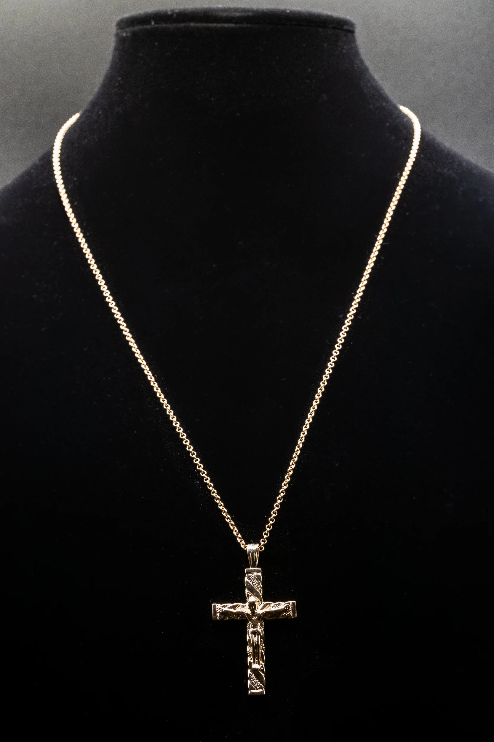 Yellow Gold Engraved Crucifix Cross Pendant & Gold Round Belcher Chain (24 Inch) - Image 5