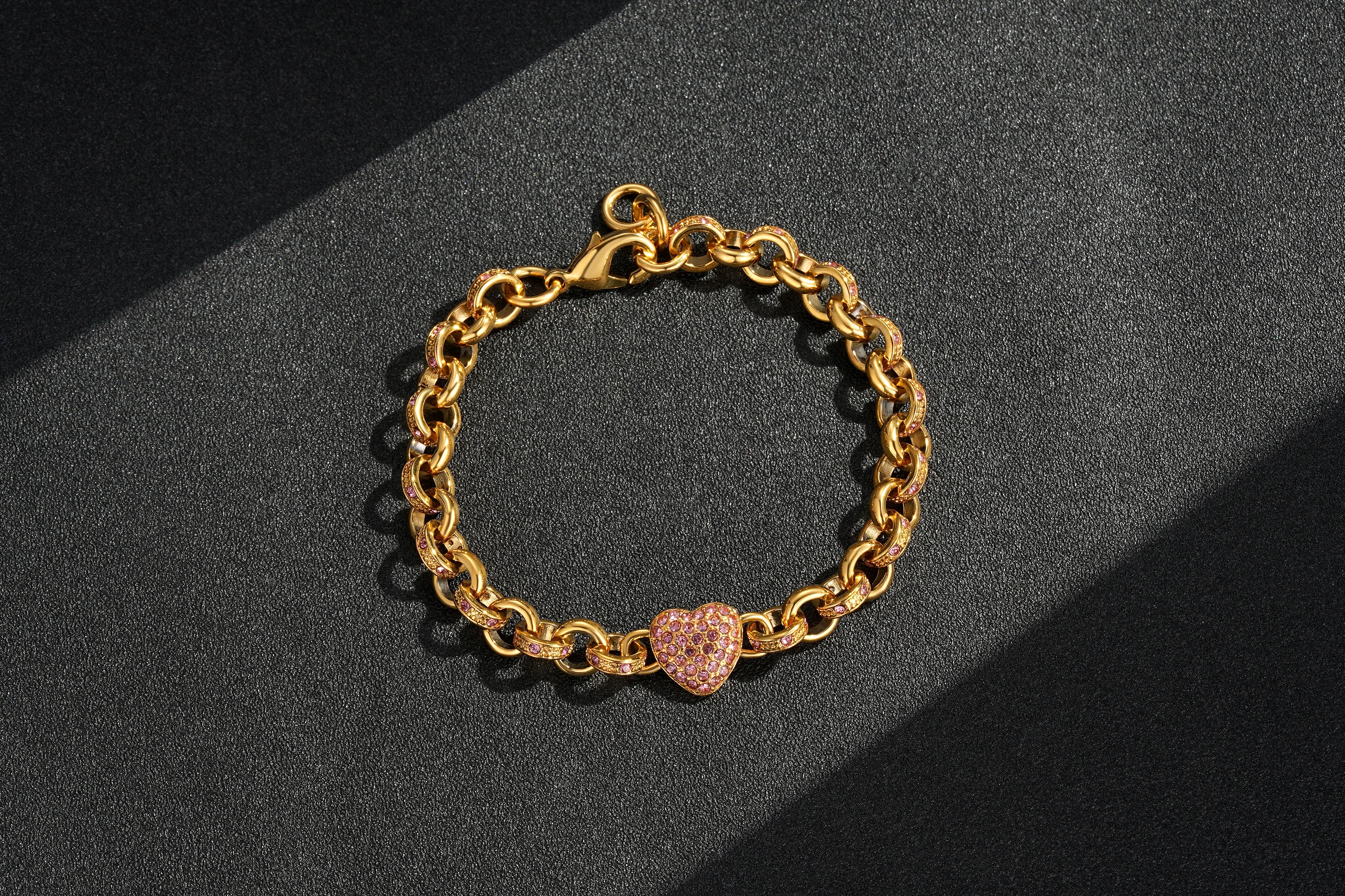 Gold Crystal Heart Charm Belcher Bracelet