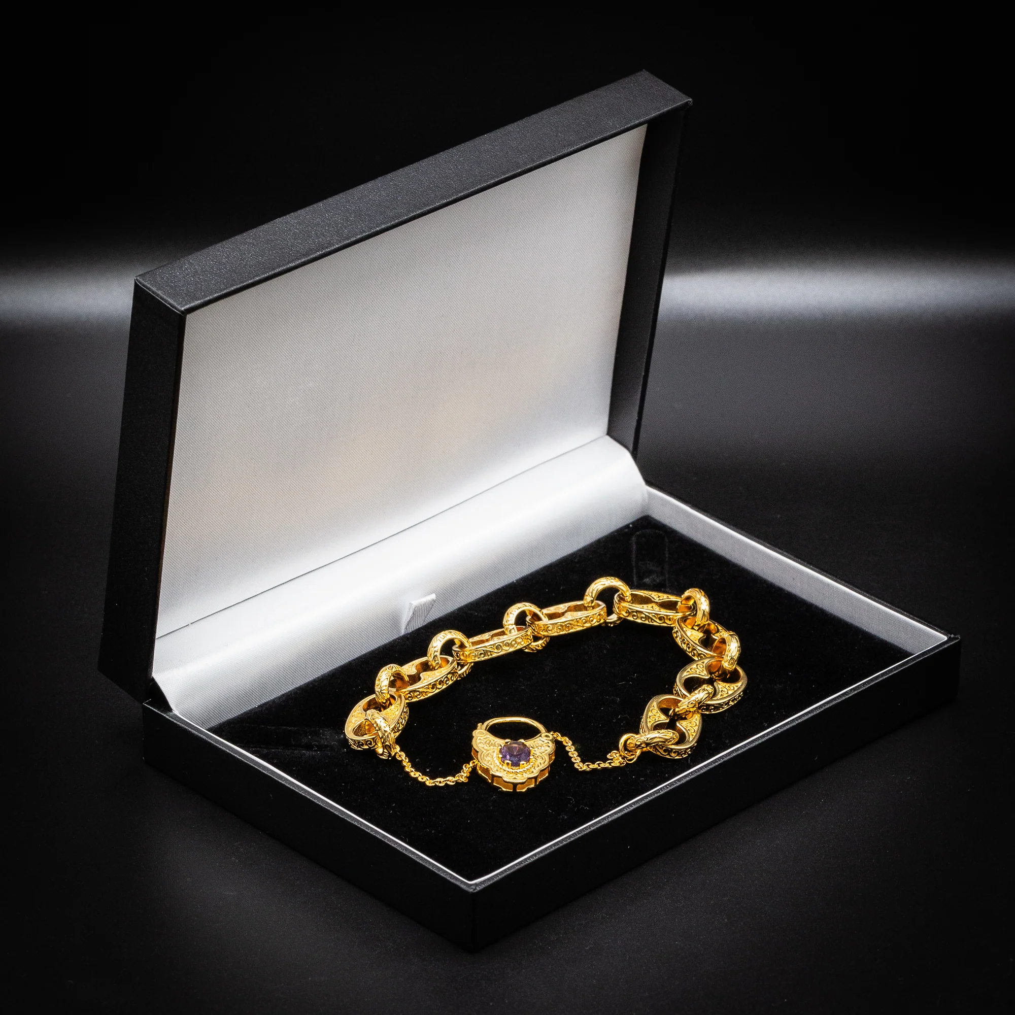 Gold Button Belcher Bracelet Vintage Padlock 8 Inch - Image 6
