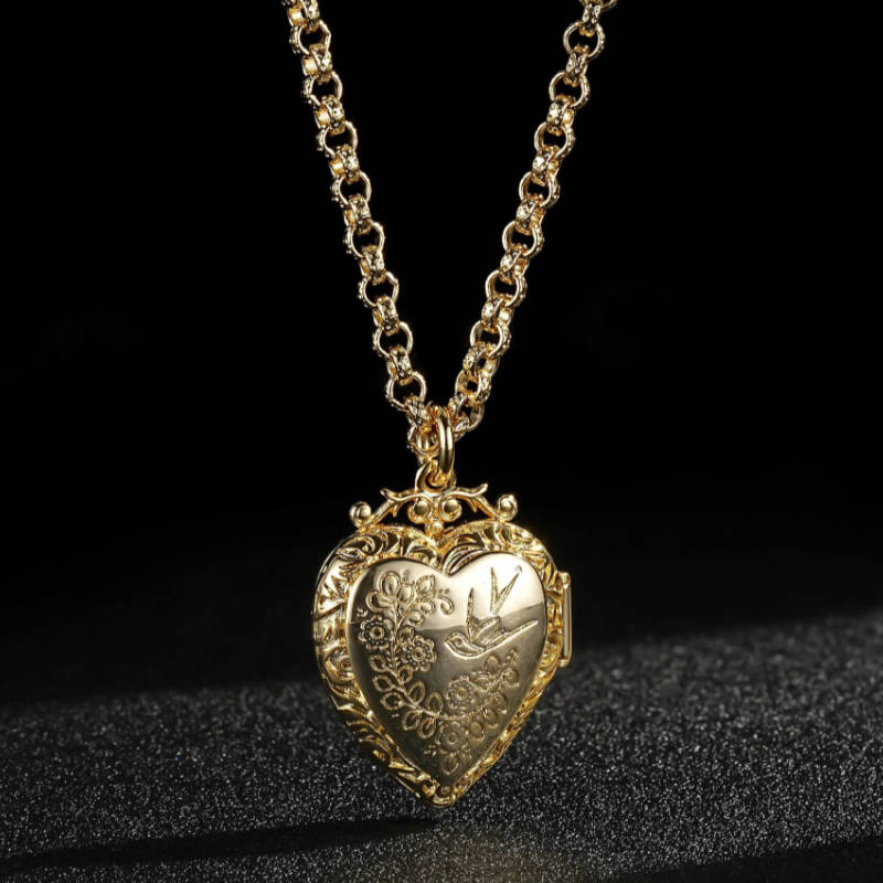 New Gold & Heart Locket with Birds and Flowers