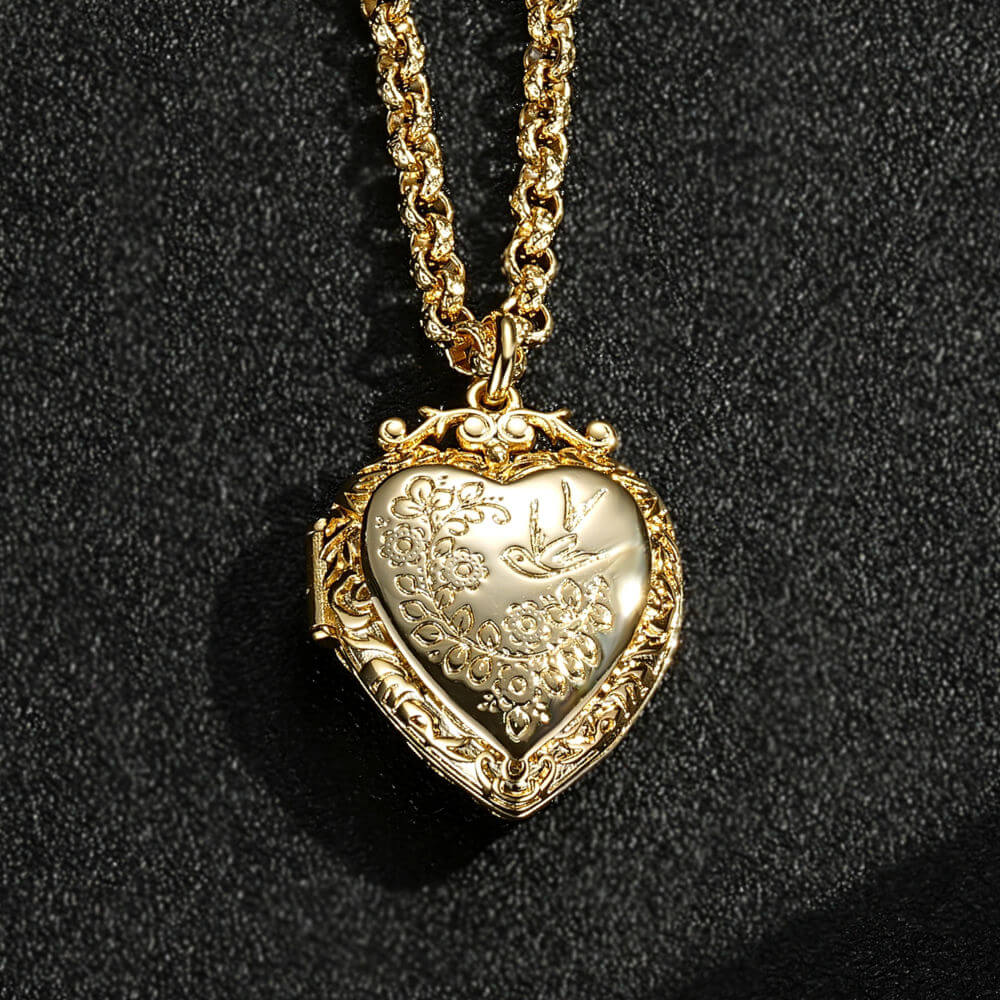 New Gold & Heart Locket with Birds and Flowers - Image 6