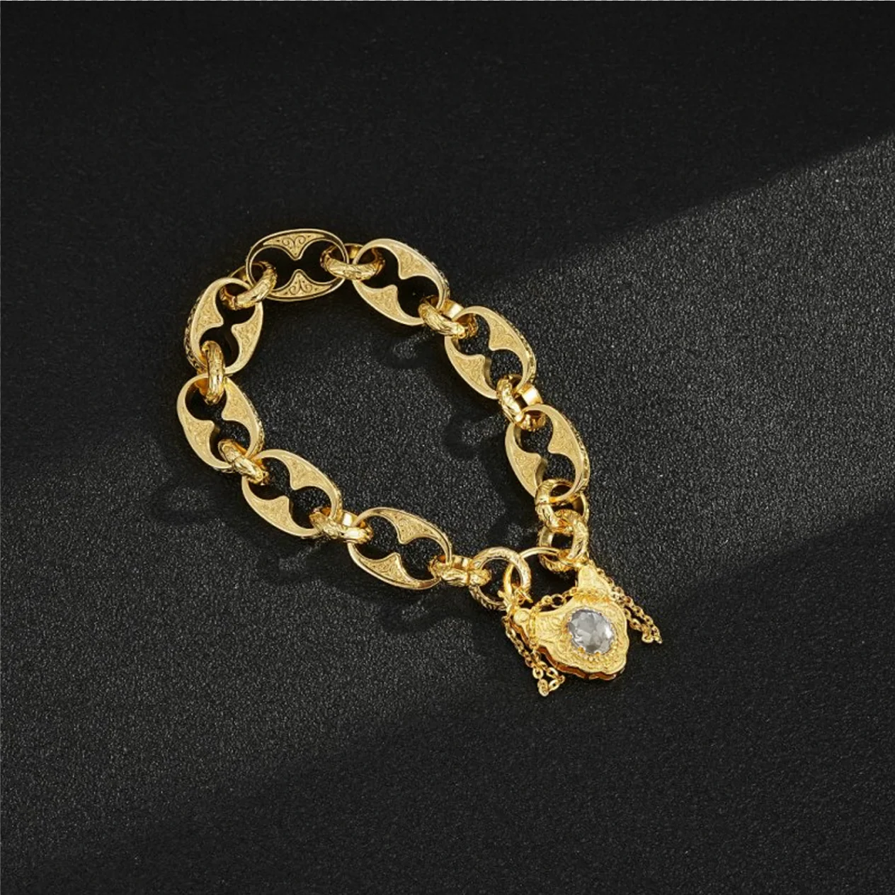 New Gold Button Belcher Bracelet with Clear Stone and Vintage Padlock Clasp 8 Inches