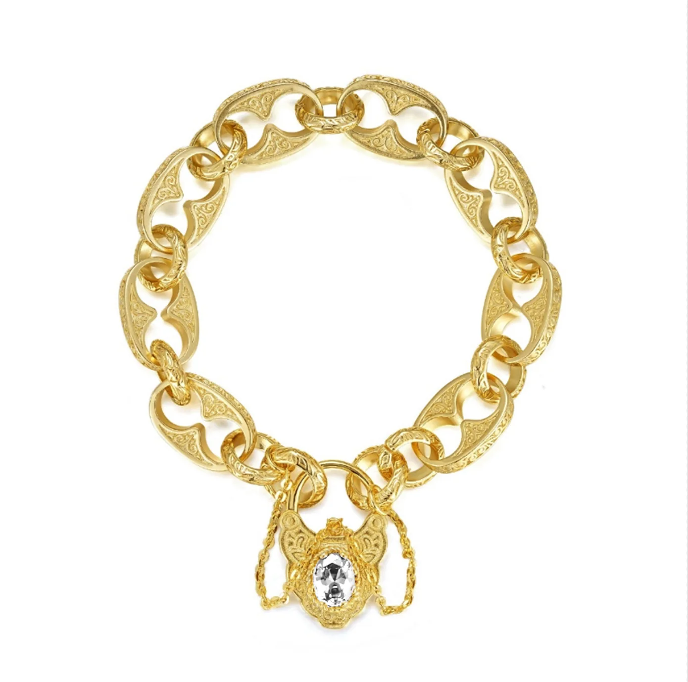 New Gold Button Belcher Bracelet with Clear Stone and Vintage Padlock Clasp 8 Inches - Image 2
