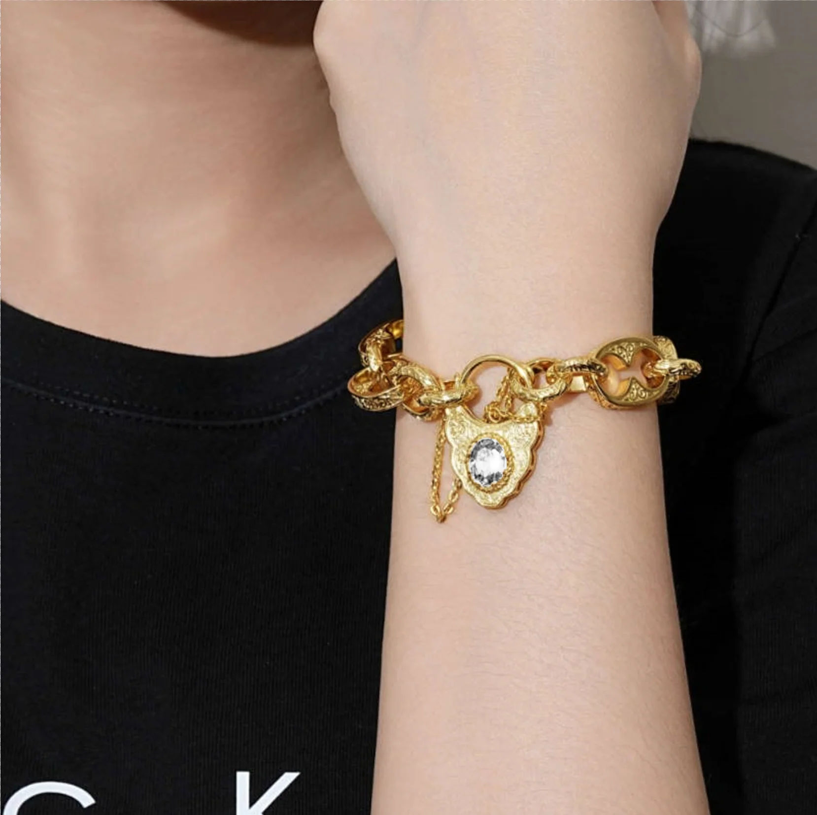 New Gold Button Belcher Bracelet with Clear Stone and Vintage Padlock Clasp 8 Inches - Image 3