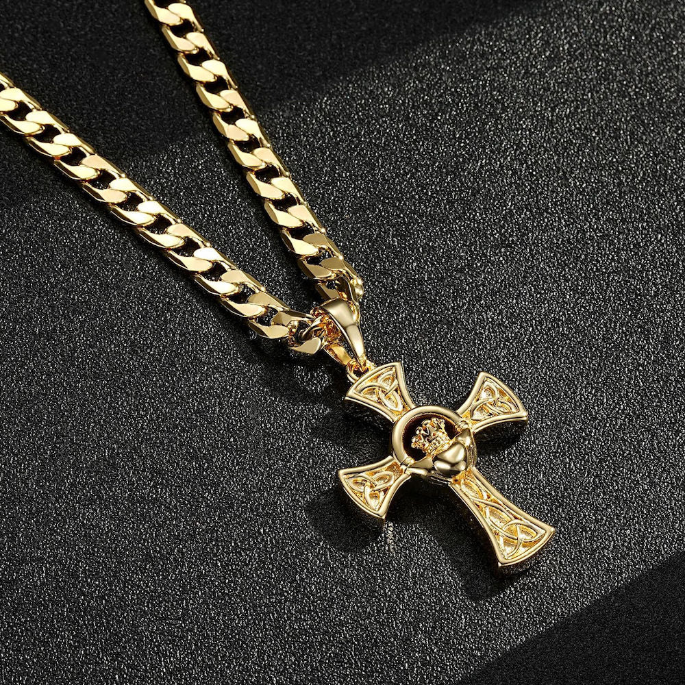 Gold Celtic Claddagh Cross Pendant 22inches
