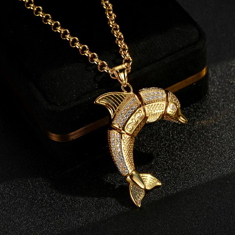 New Gold Dolphin Pendant with Stones on 24-Inch Belcher Chain