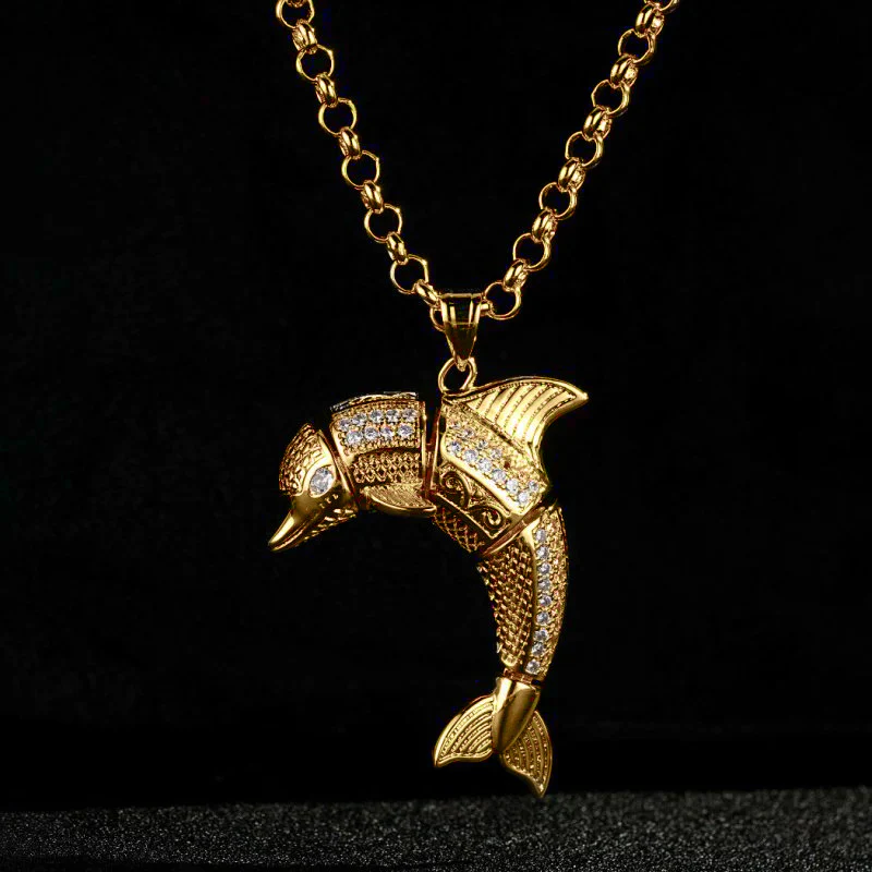 New Gold Dolphin Pendant with Stones on 24-Inch Belcher Chain - Image 2