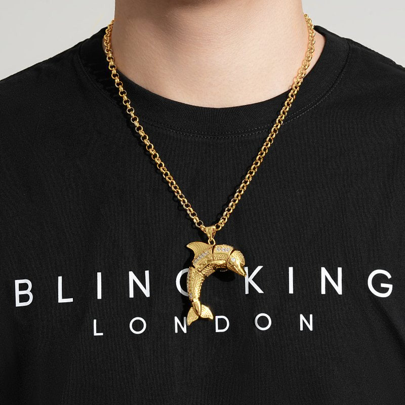 New Gold Dolphin Pendant with Stones on 24-Inch Belcher Chain - Image 4