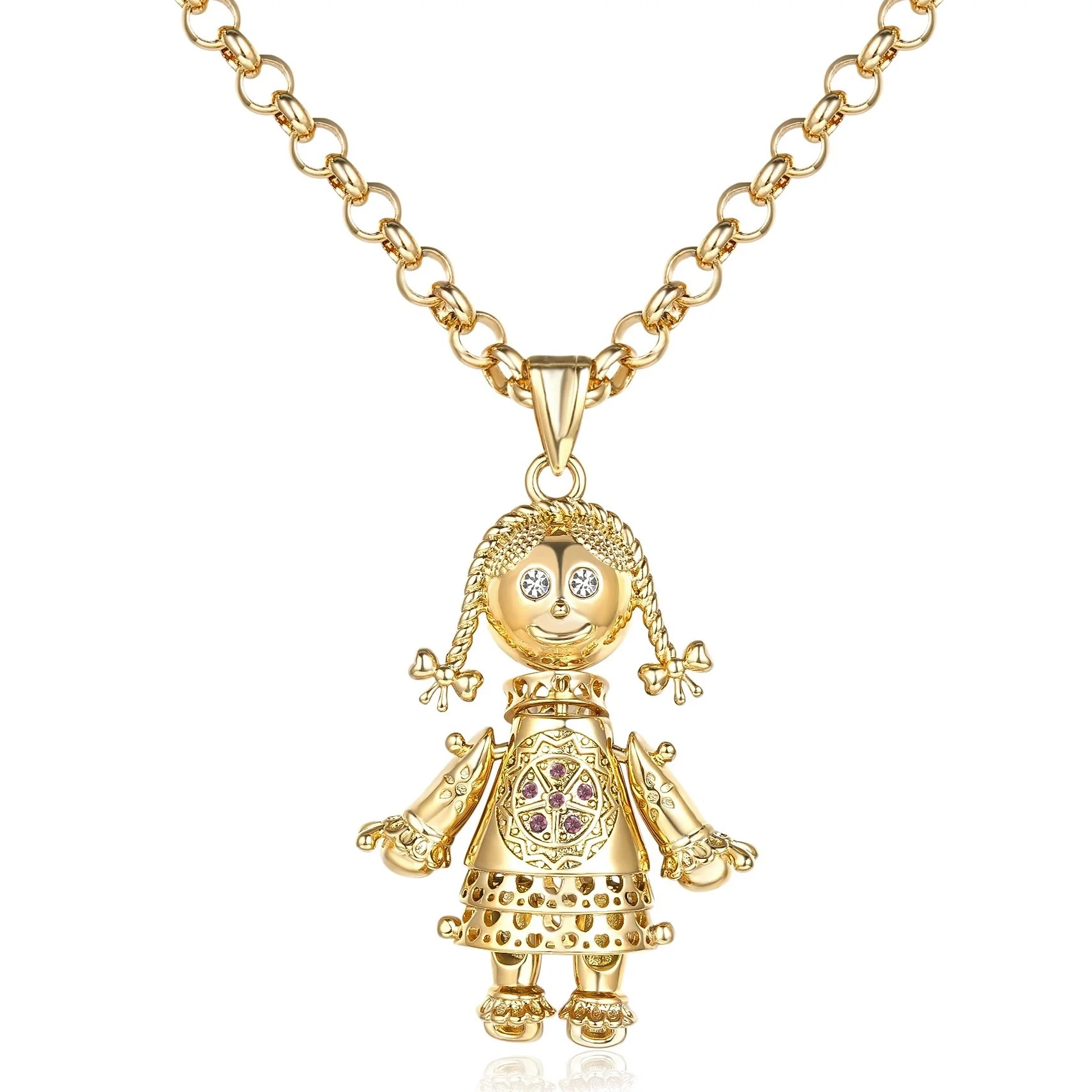 Gold Heart Rag Doll Pendant Pink Stones 24inches - Image 3