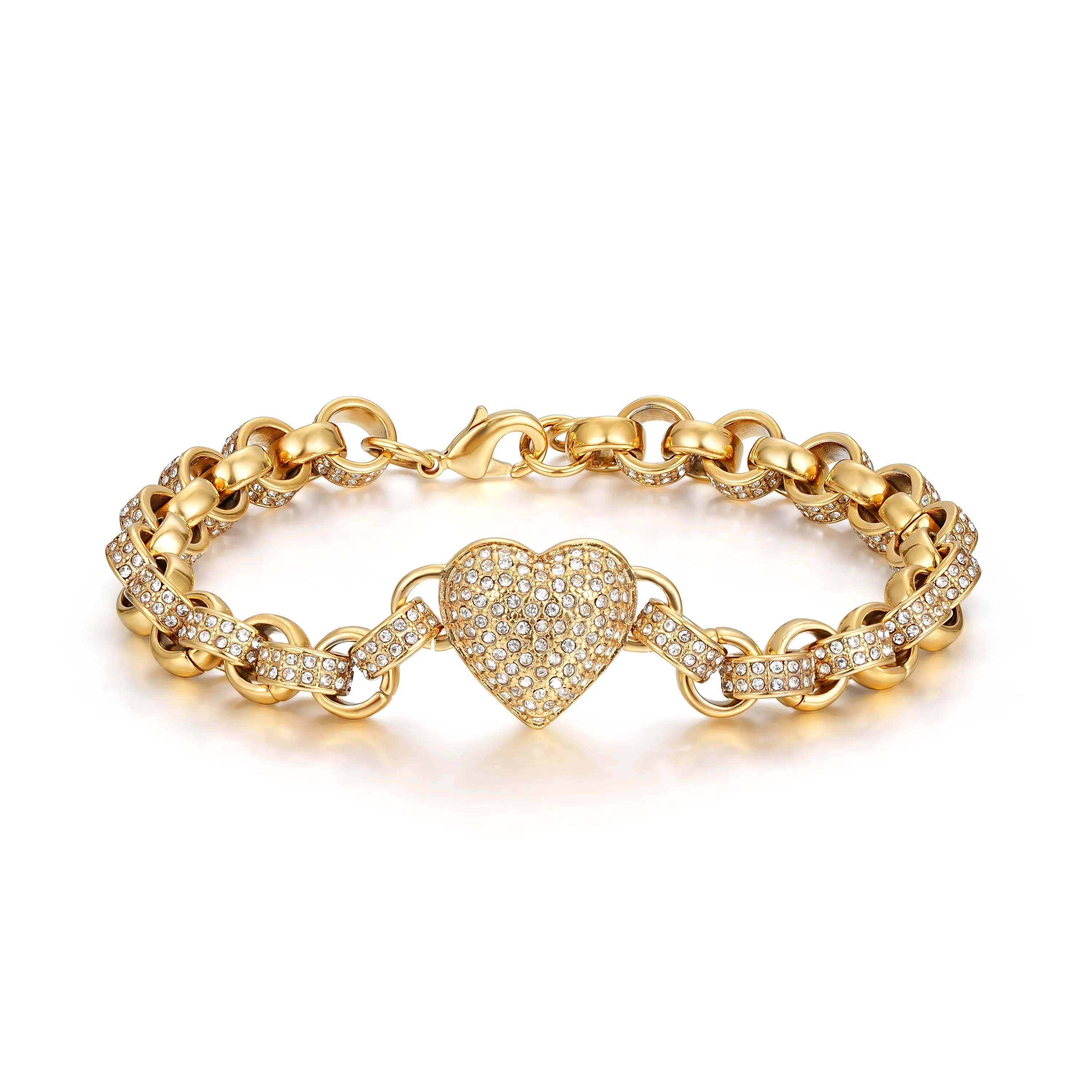 Gold Heart Charm Bracelet with Clear Stones Fits 7.58 inches Wrist, 27g, Tarnish Resistant