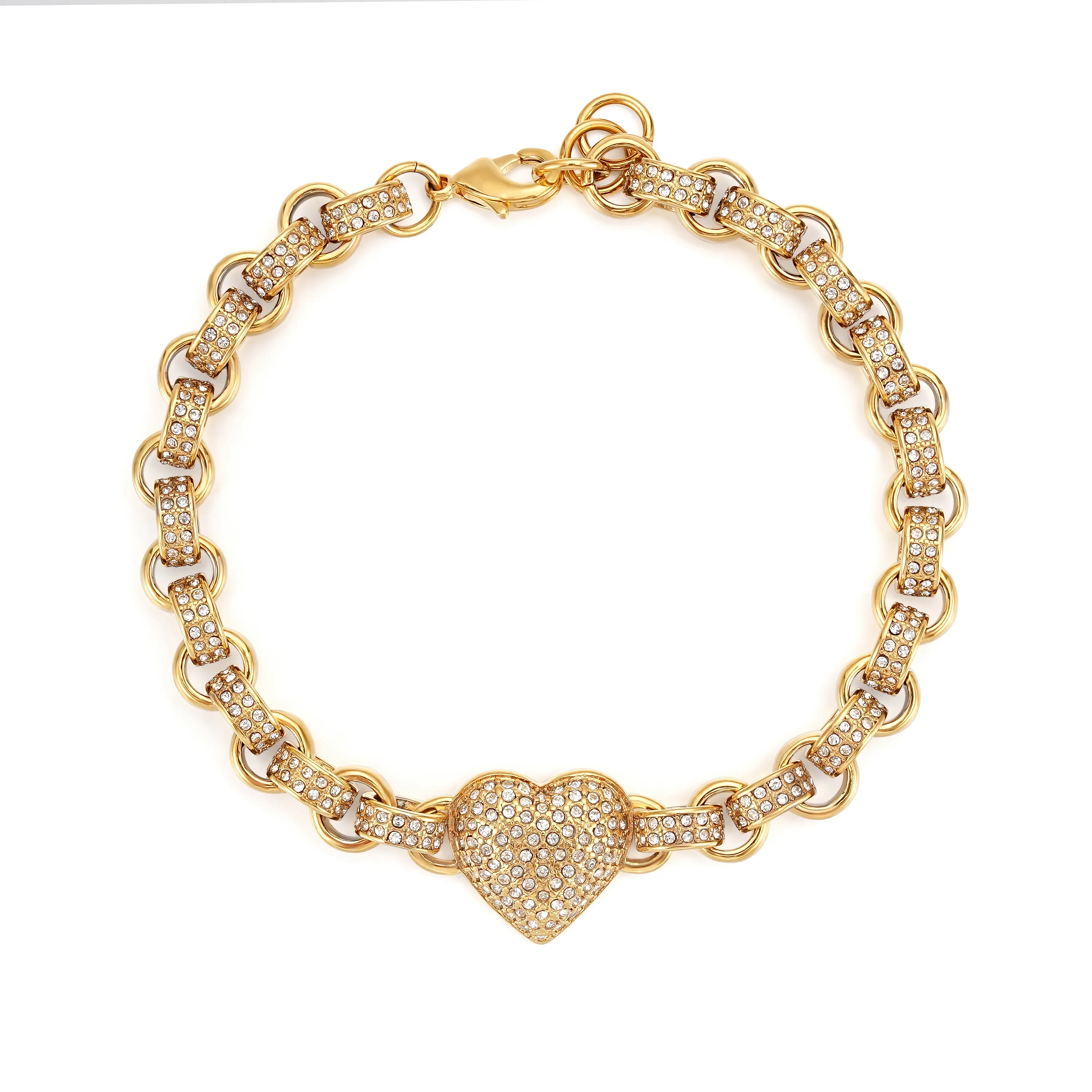 Gold Heart Charm Bracelet with Clear Stones Fits 7.58 inches Wrist, 27g, Tarnish Resistant - Image 2