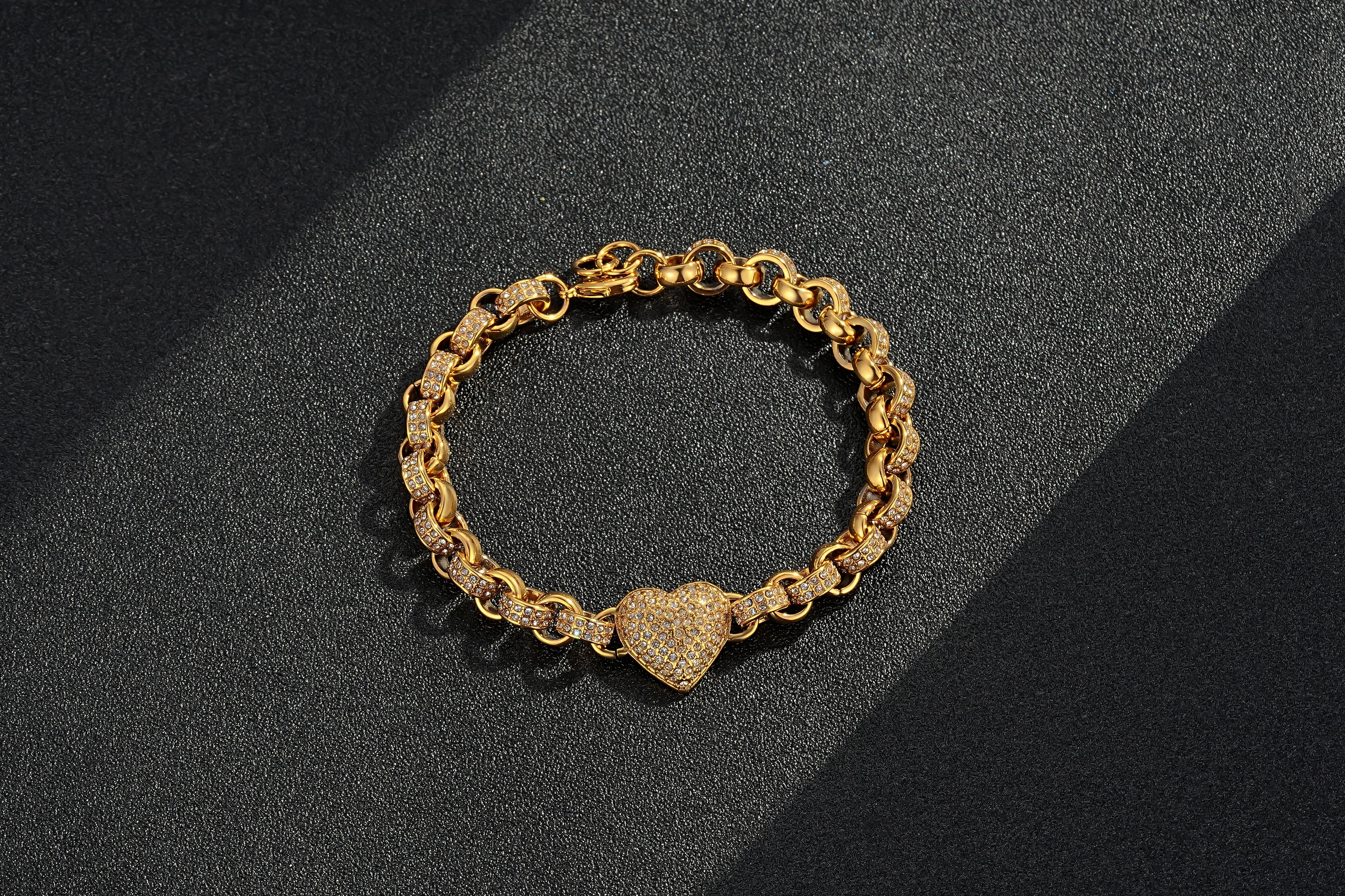 Gold Heart Charm Bracelet with Clear Stones Fits 7.58 inches Wrist, 27g, Tarnish Resistant - Image 3