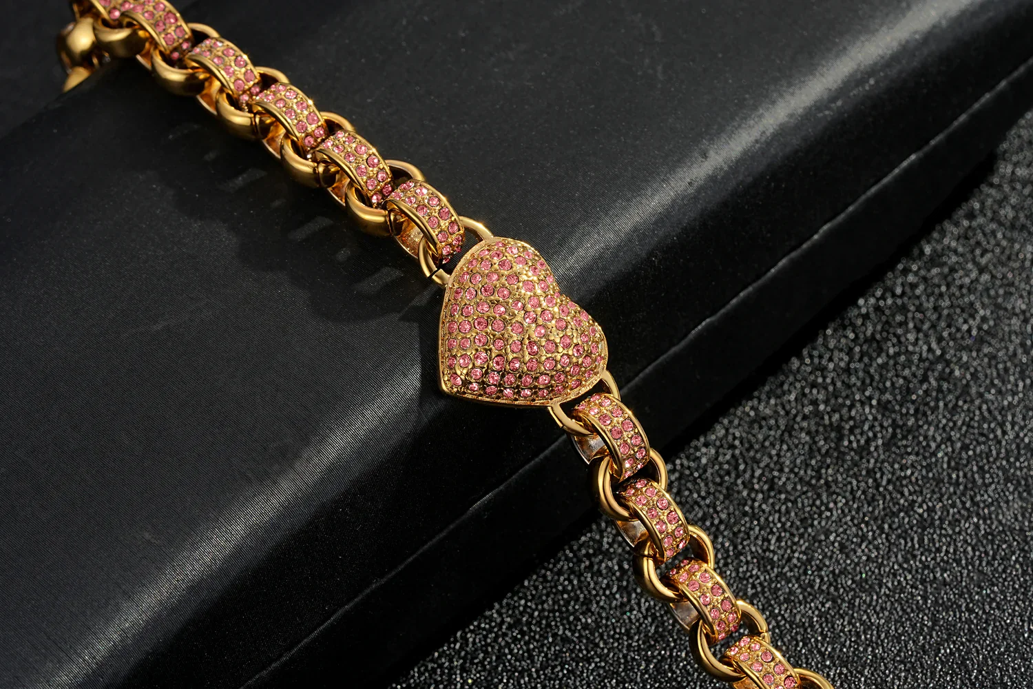 Gold Heart Charm Bracelet with Pink Stones
