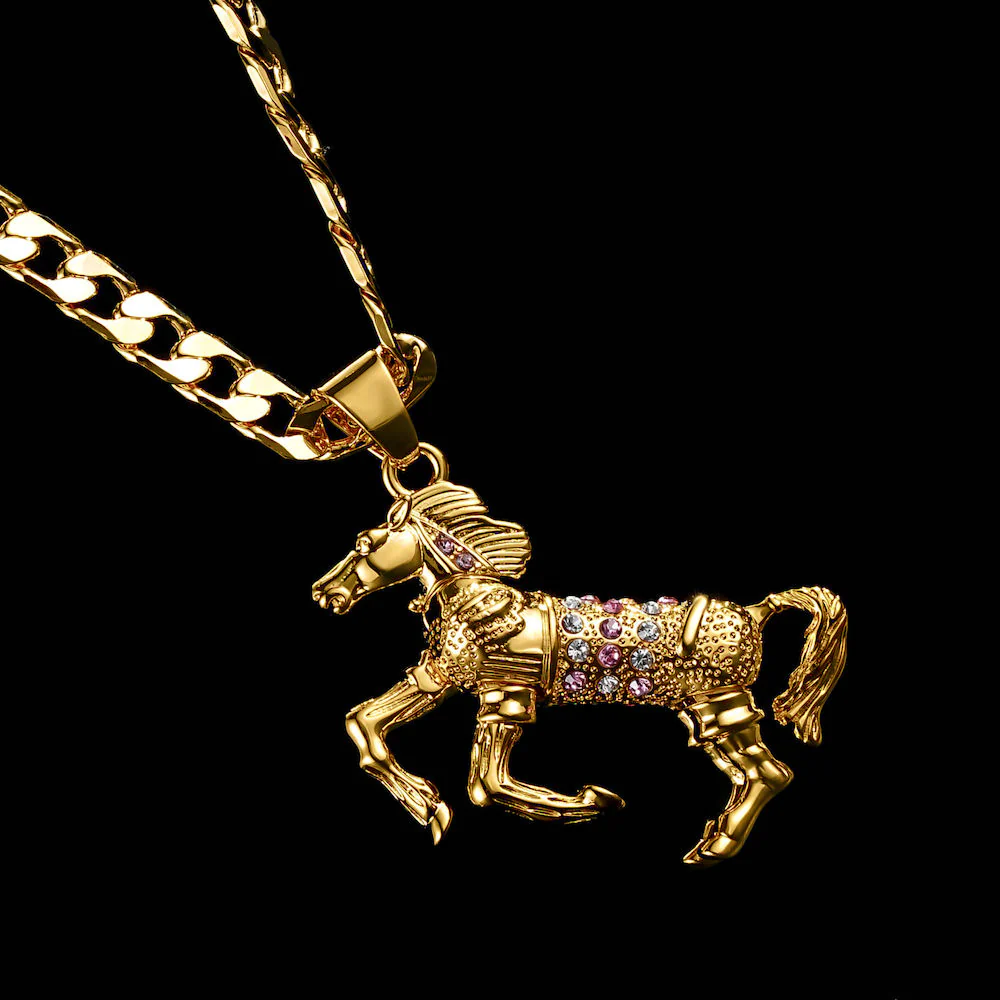 Gold Horse Pendant with Pink Stones 24inches