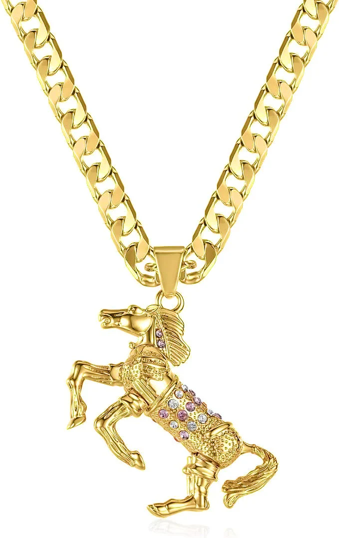 Gold Horse Pendant with Pink Stones 24inches - Image 3