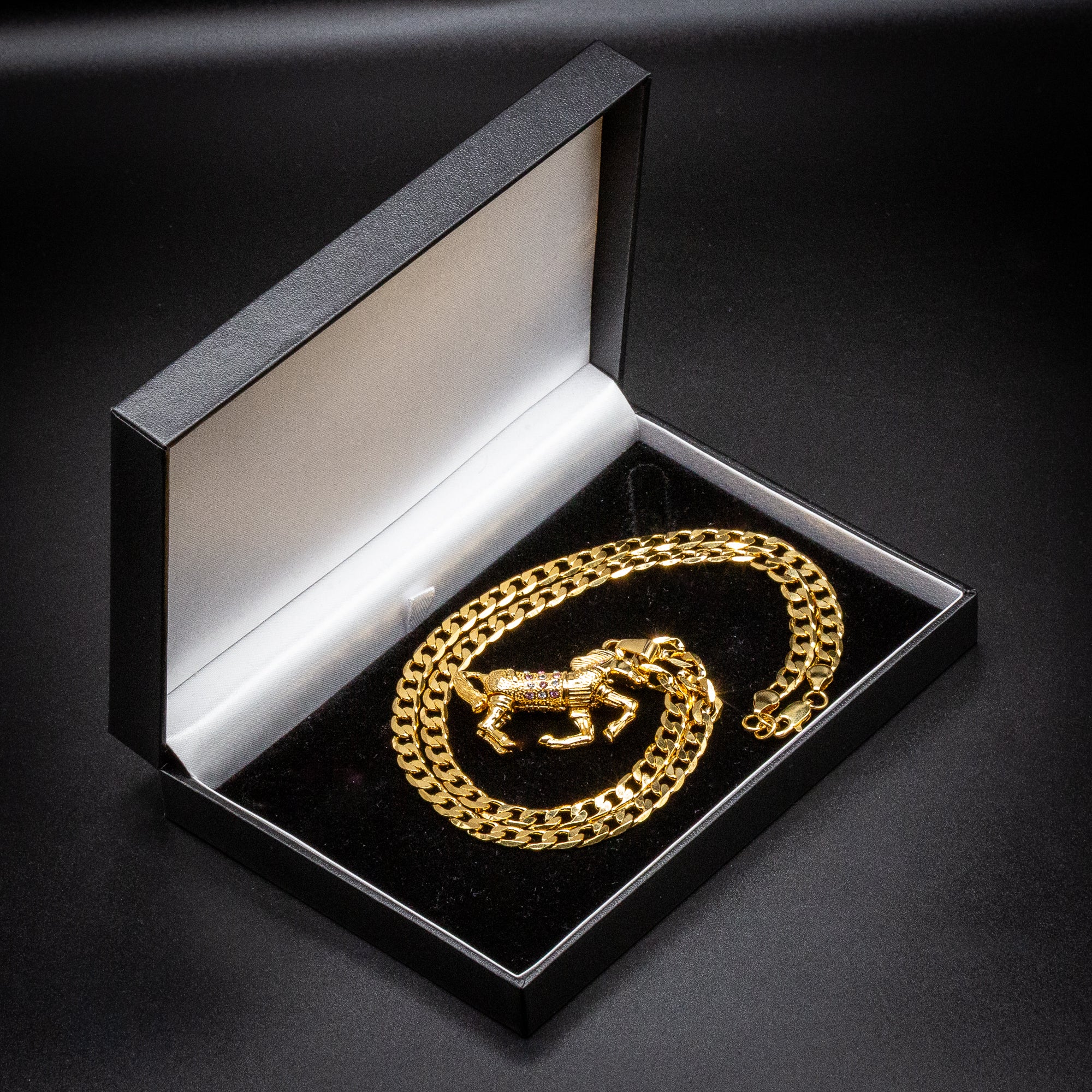Gold Horse Pendant with Pink Stones 24inches - Image 6