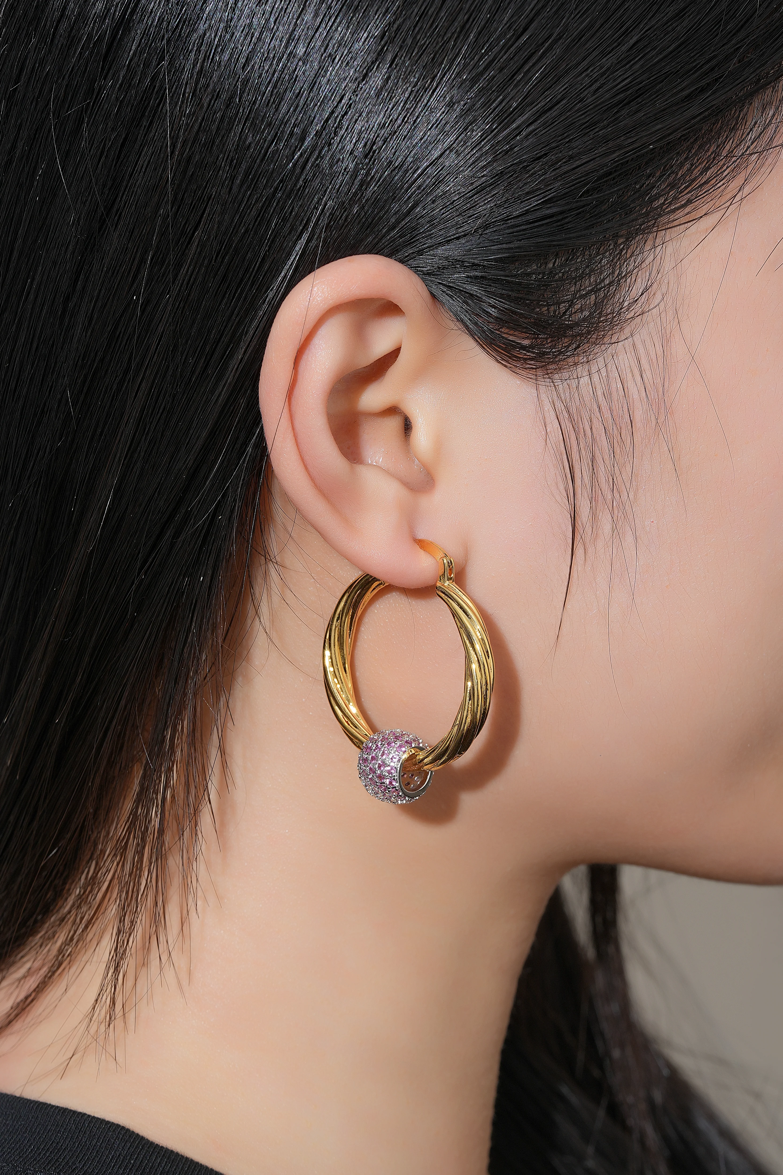 Gold Pink Disco Ball Hoop Earrings - Image 4
