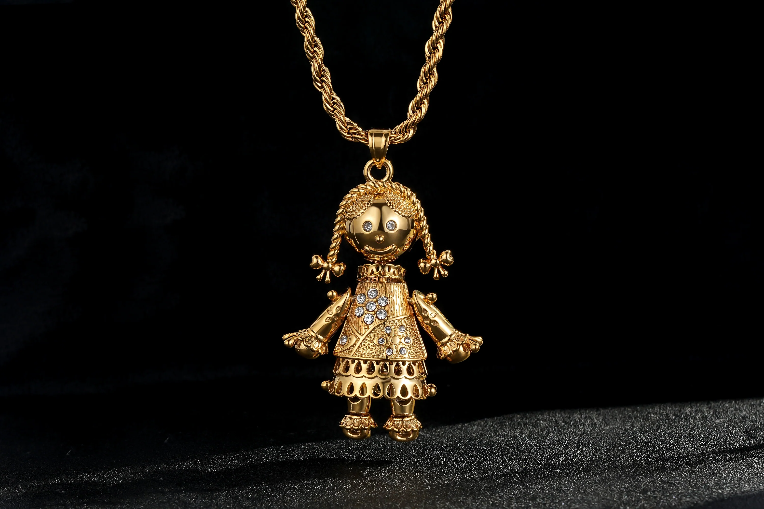 Gold XL Heart Rag Doll Pendant Necklace 24inches - Image 3