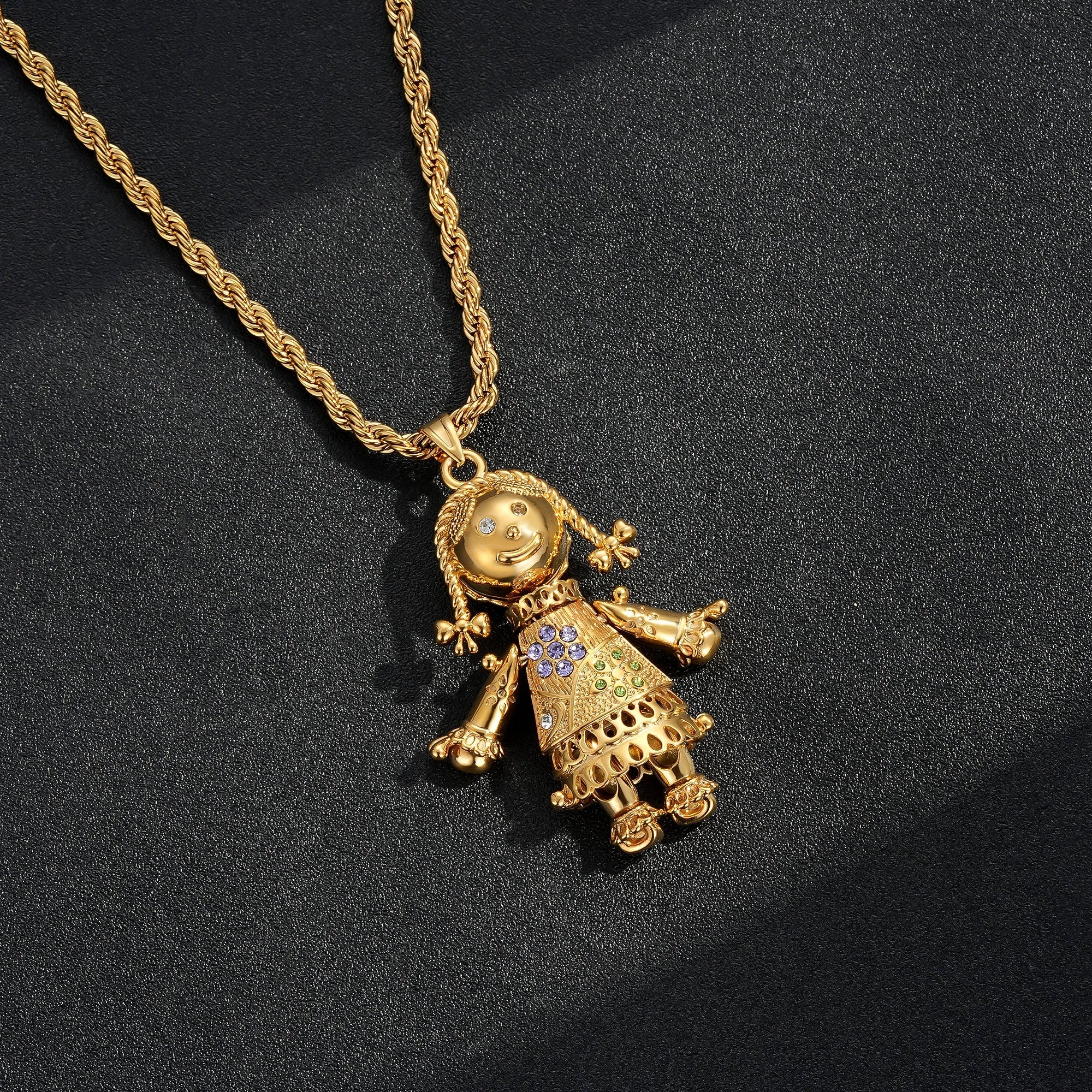 Gold Rag Doll Pendant with Multi Colour Stones 24 Inch Necklace
