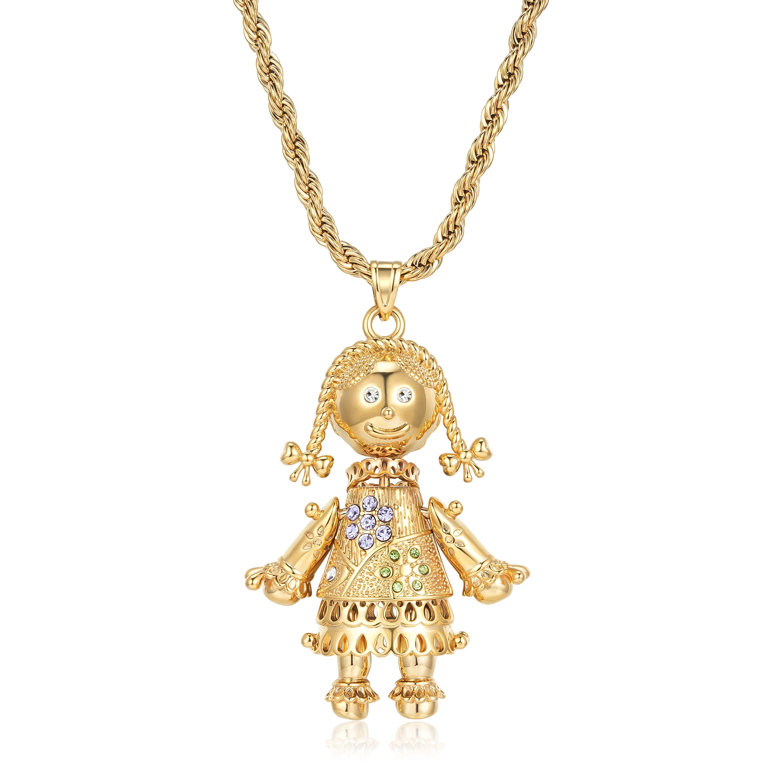 Gold Rag Doll Pendant with Multi Colour Stones 24 Inch Necklace - Image 2