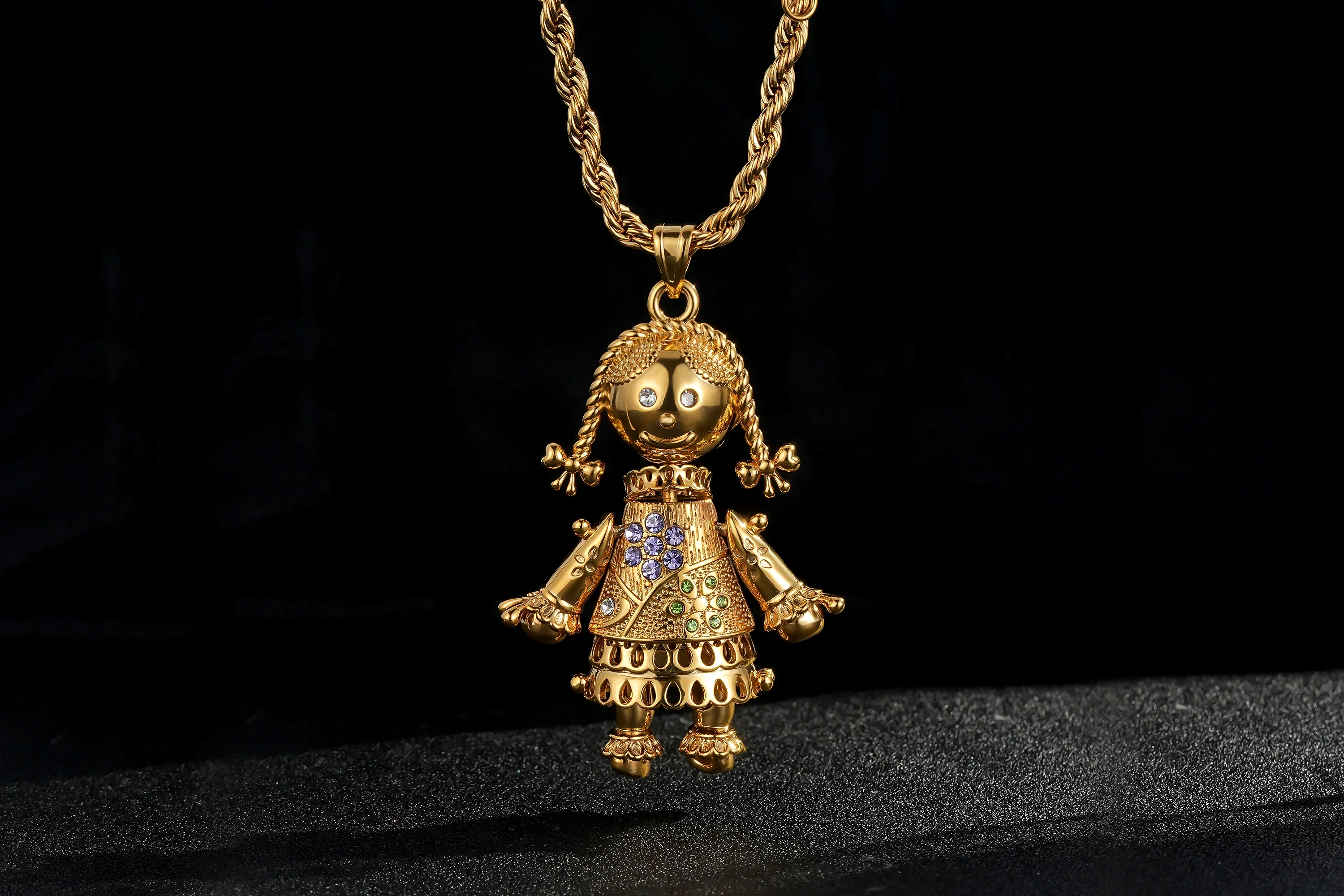 Gold Rag Doll Pendant with Multi Colour Stones 24 Inch Necklace - Image 3