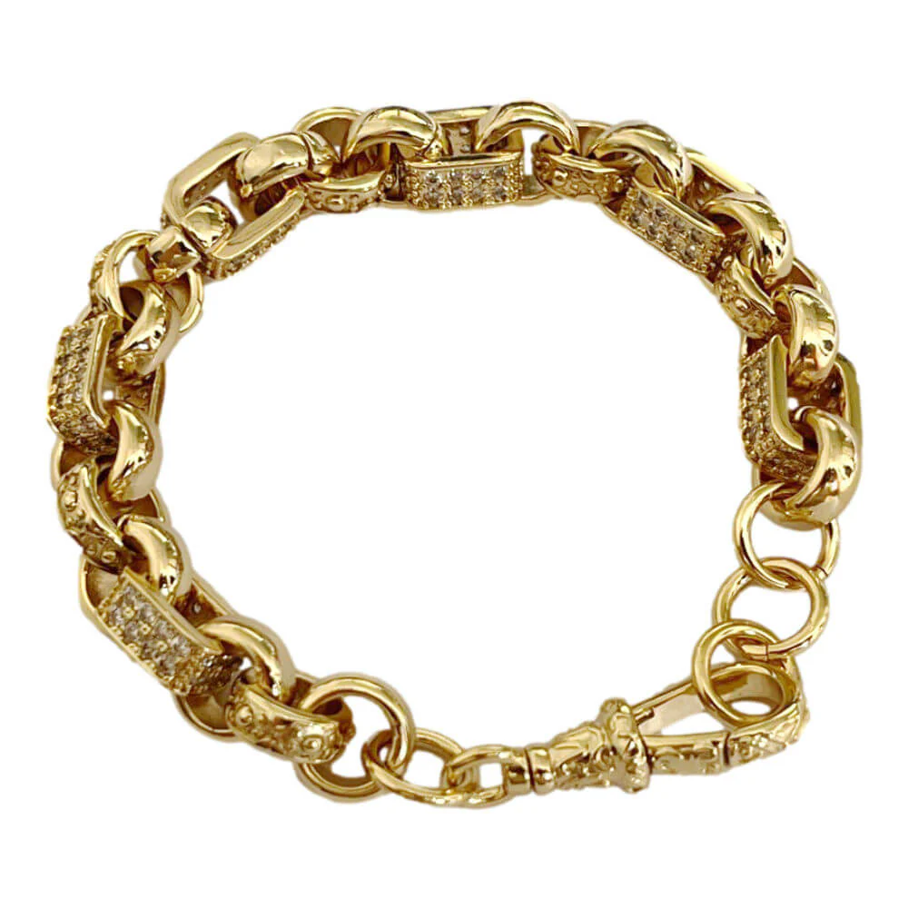 Luxury Gold 10mm Gypsy Link with Stones Belcher Bracelet with Albert Clasp - Image 5