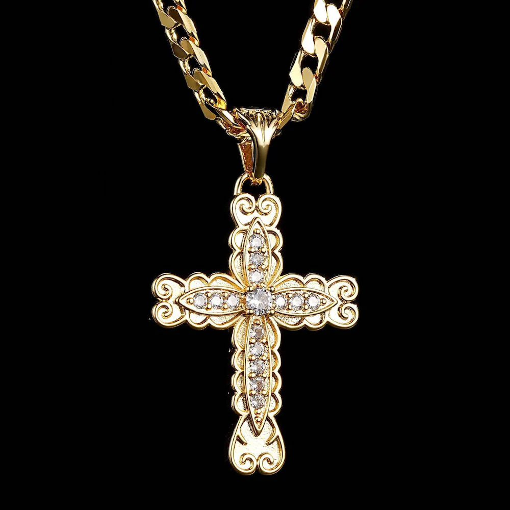 Gold Ornate Cross Pendant Necklace
