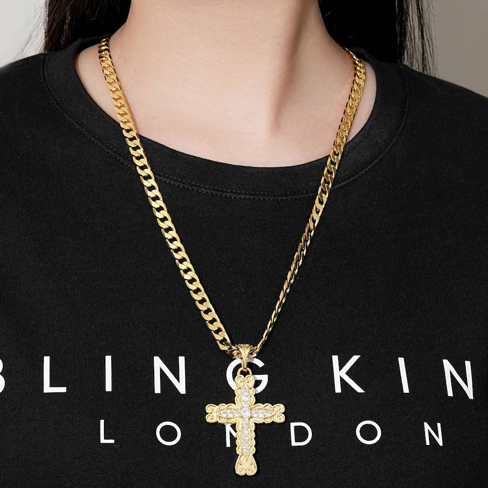Gold Ornate Cross Pendant Necklace - Image 2