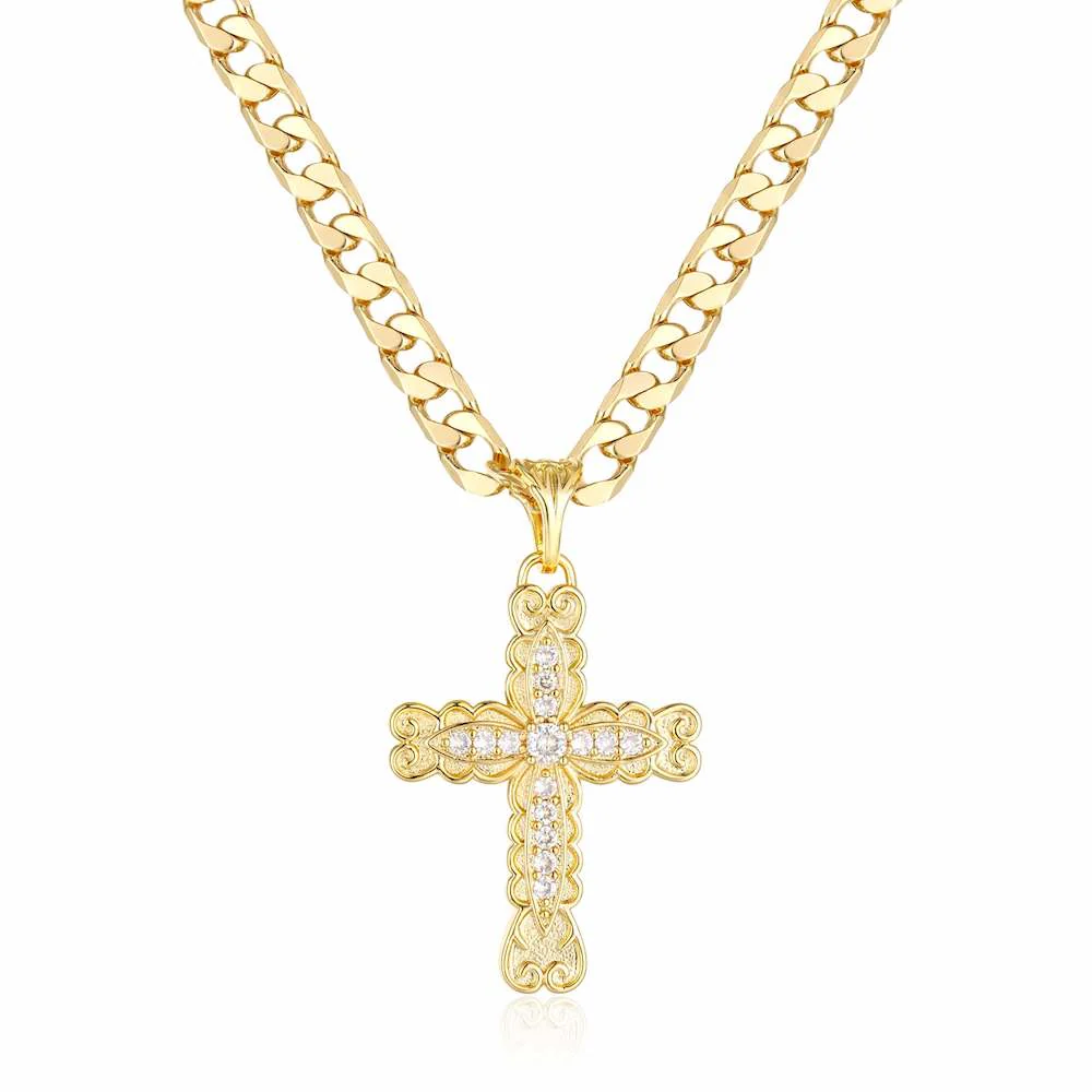 Gold Ornate Cross Pendant Necklace - Image 3