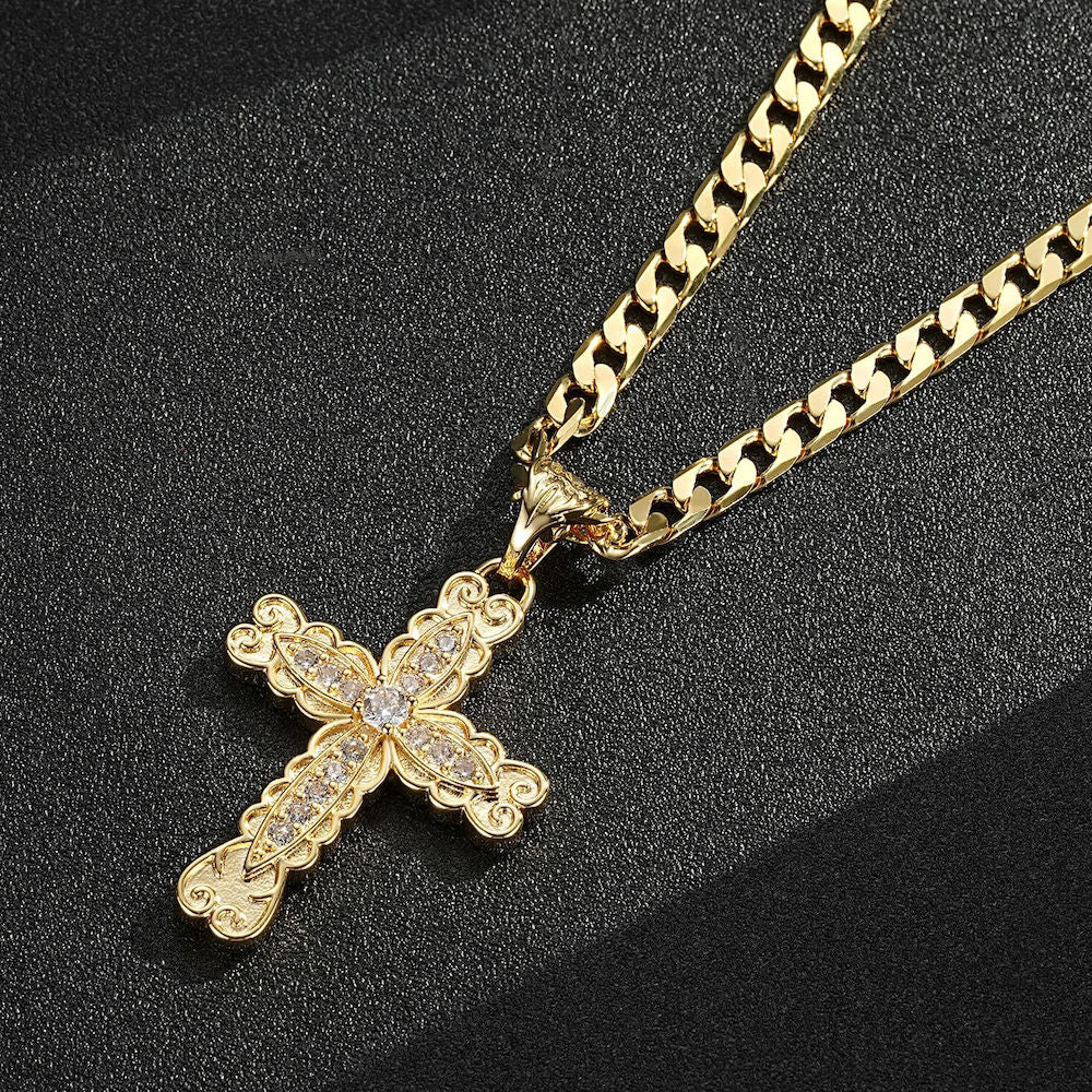 Gold Ornate Cross Pendant Necklace - Image 4