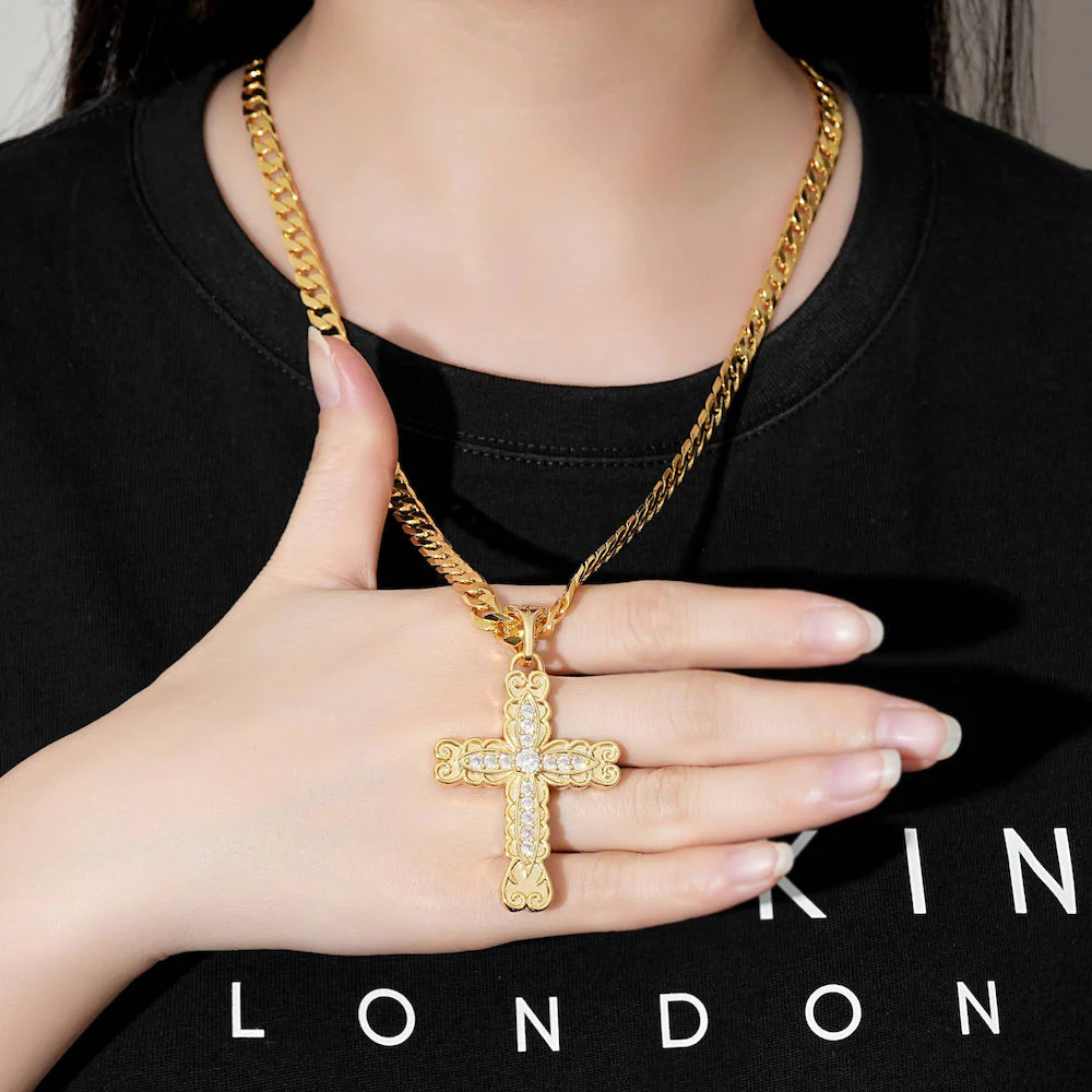 Gold Ornate Cross Pendant Necklace - Image 5