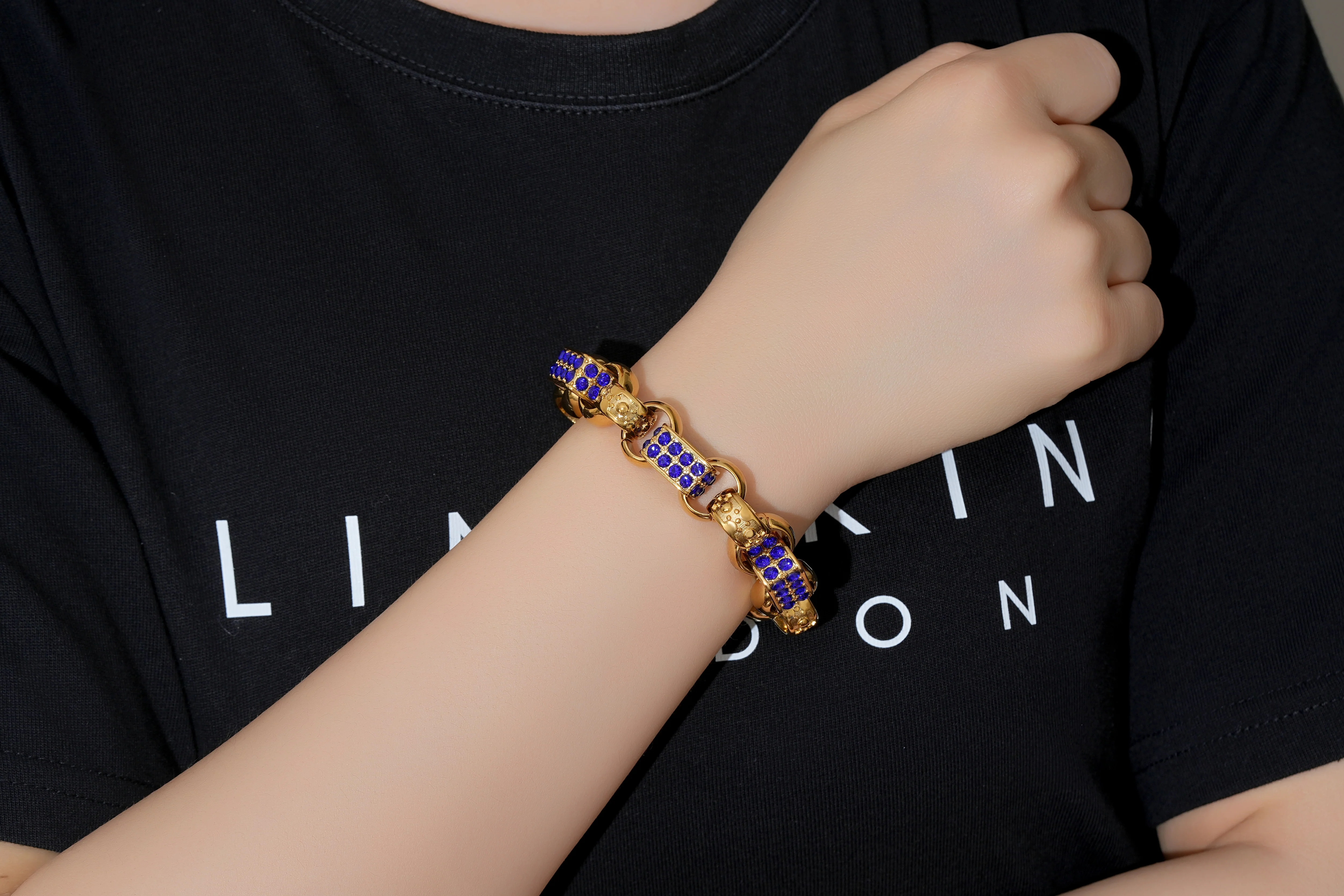 Gold Sapphire Gypsy Link Bracelet 13mm - Image 4